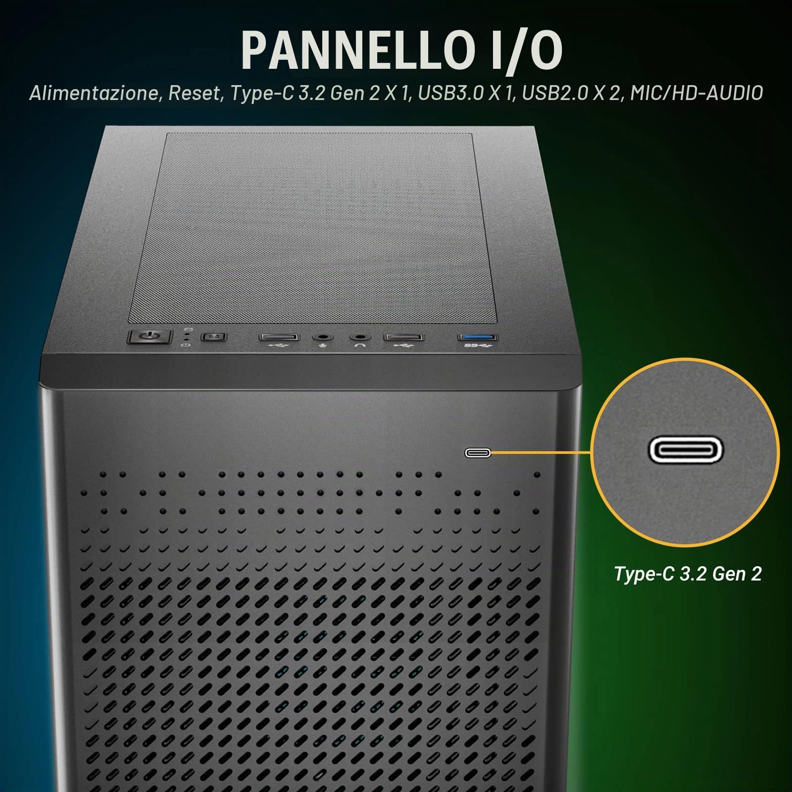 ANTEC NX Series NX500M, Pannello frontale in rete, Tipo-C 3.2 Gen2 Ready, 1 ventola da 120 mm inclusa, Pannelli laterali in vetro temperato, Supporto radiatore da 360 mm, Case da gioco Mini-Tower
