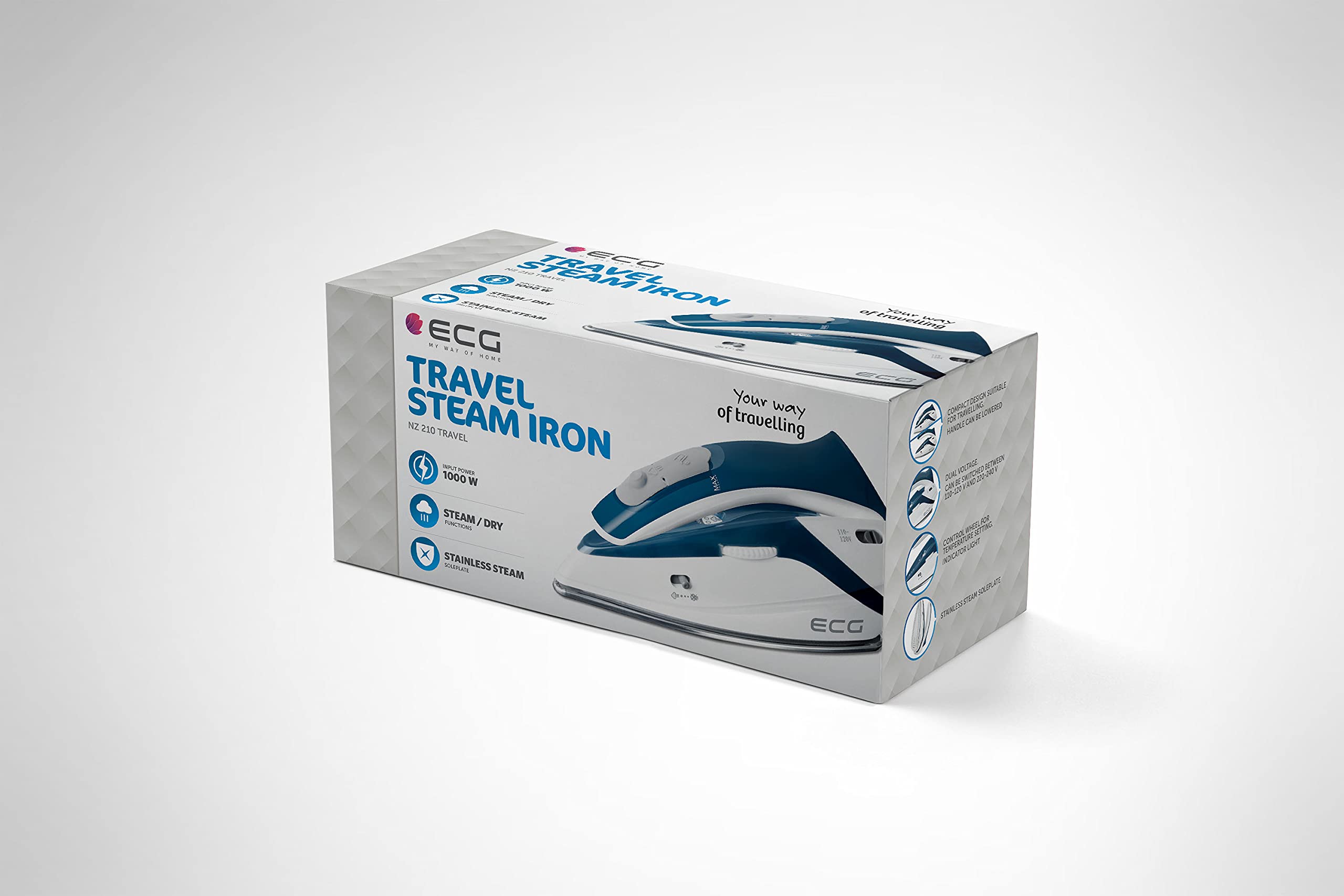 ECG NZ 210 Travel - Plancha de vapor, plástico, color blanco y azul