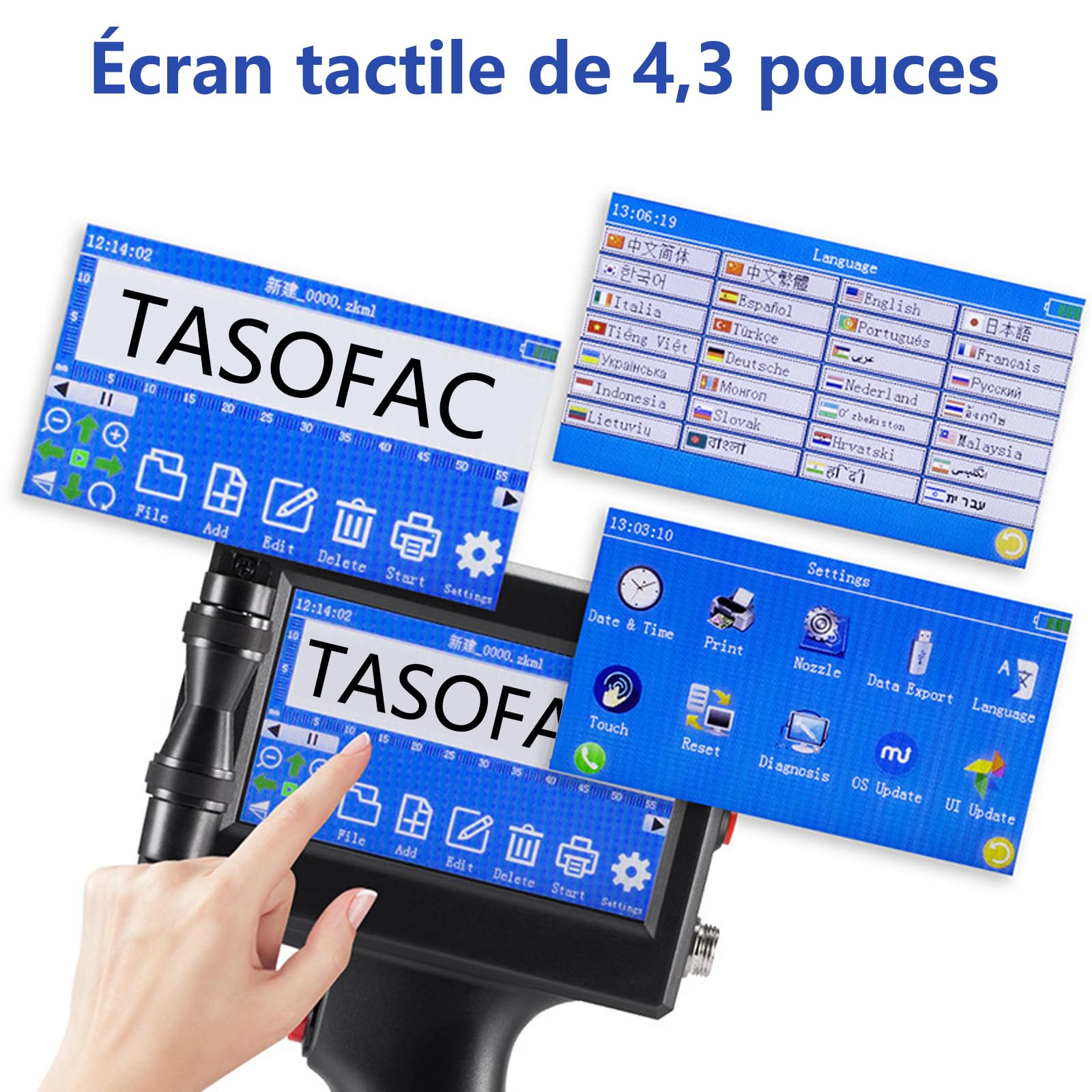 Impresora de inyección de tinta portátil, 【con 55 ml cartucho】, secado ultra rápido (<1s sobre cartón), 16H Autonomía, 1-4 líneas, altura 2-25,4 mm, 600 DPI 360 ° impresión QR/código de barras, fecha