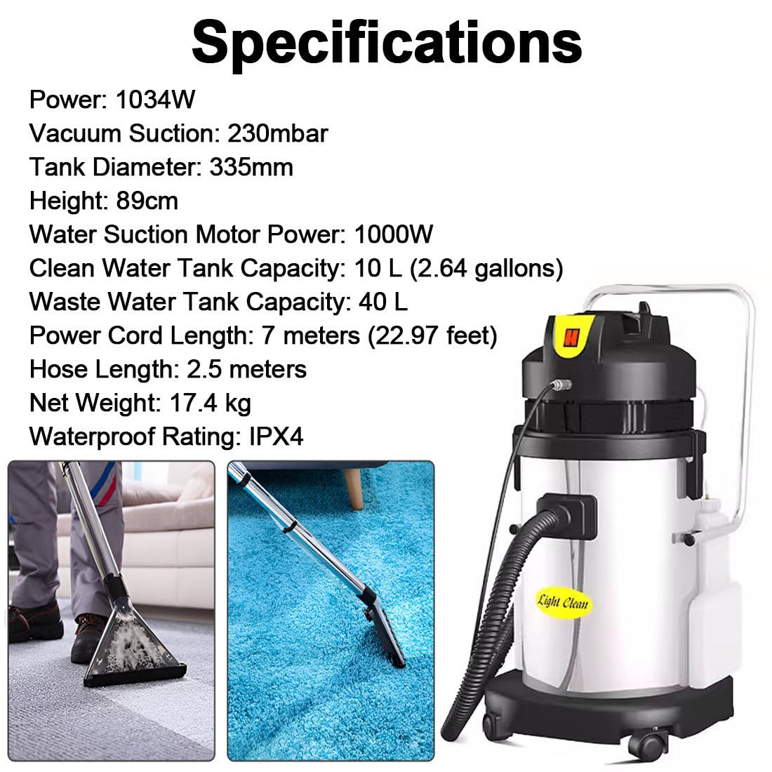 Máquina Limpiadora Profesional con Doble Depósito de Agua (Agua Limpia/Sucia), 1034W de Potencia y Mango Antideslizante, Diseñada para la Extracción Eficiente en Alfombras y Sofás 40L