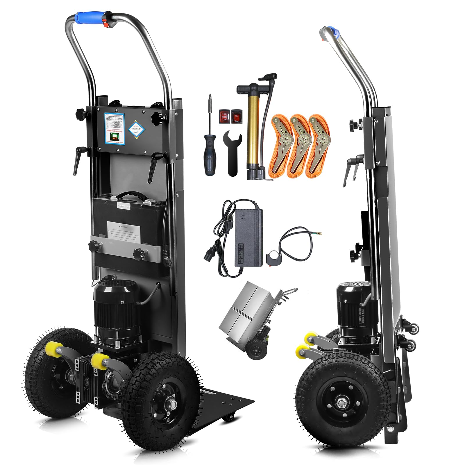 Carretilla de Mano eléctrica de 1250 W, con Capacidad de Carga de 900 lbs/408 kg, soporta escaleras y descensos, Pesada Escalera con Cuerda de Seguridad y Bomba de Aire para el Transporte de Muebles