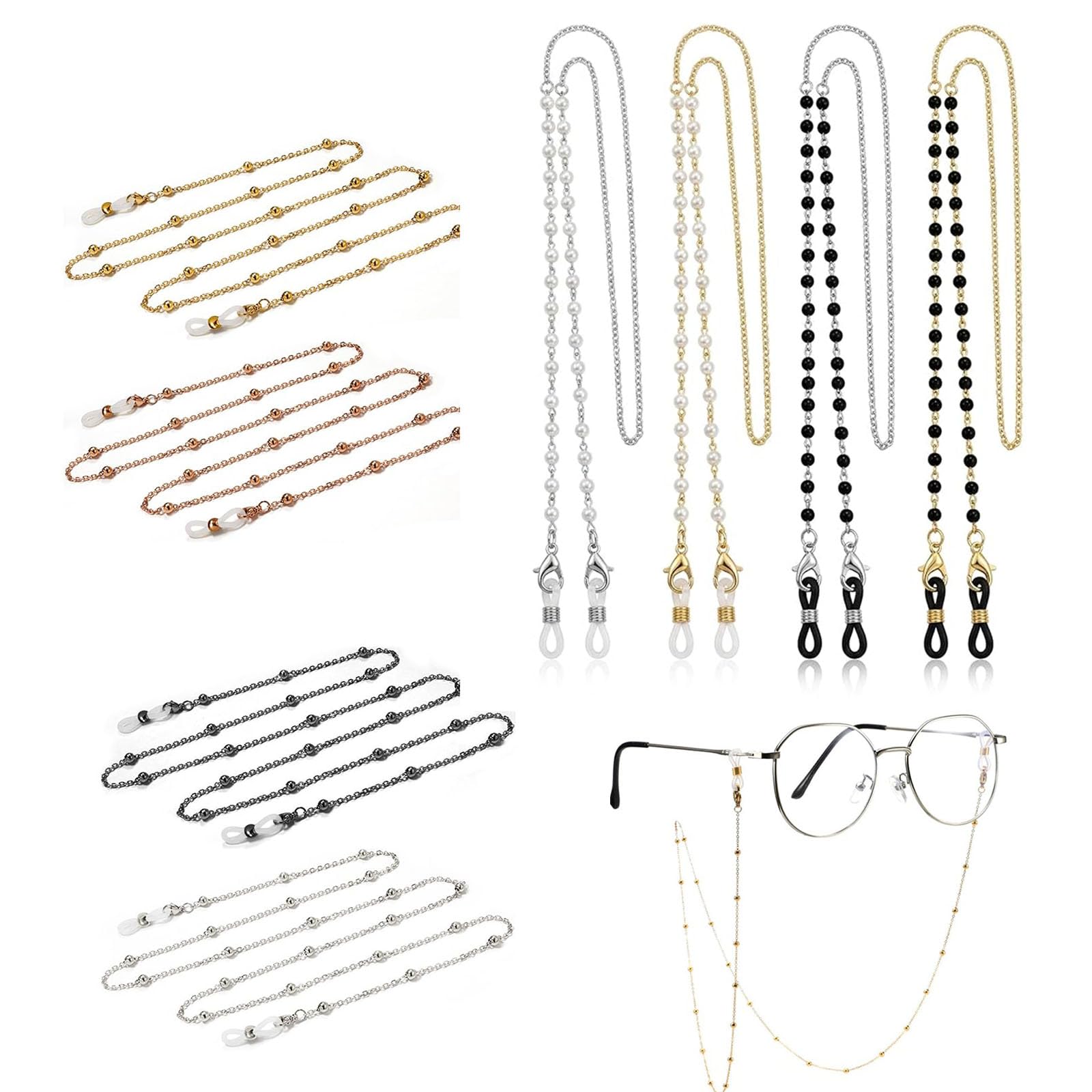 8-piece spectacle chain for women, specs holder strap and eyeglass necklace set, decorative eyewear accessory bundle