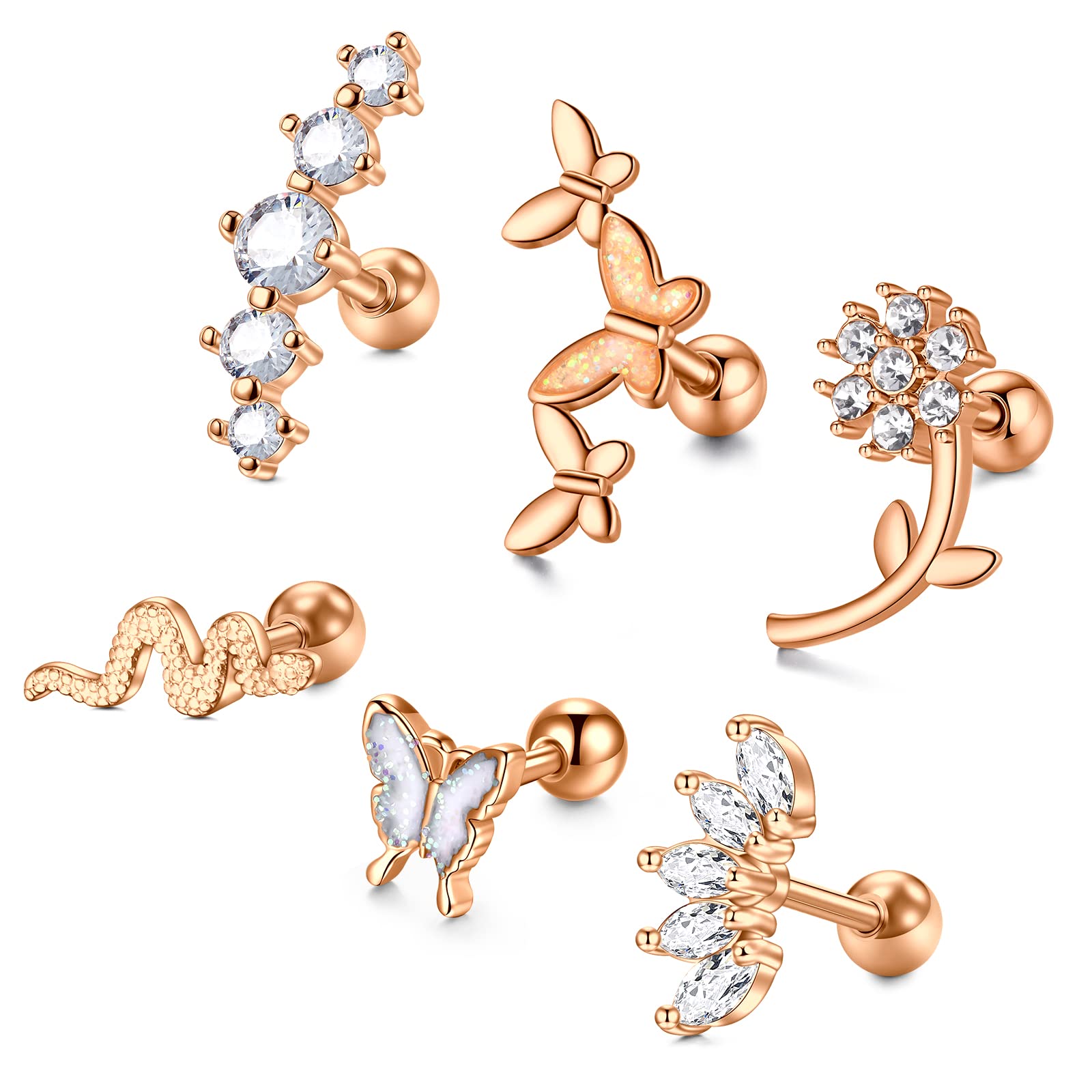 Longita Piercing Oreja Tragus Acero Inoxidable 16G Mariposa Serpiente Helix Piercing Joyas para Mujeres Conch Piercing Oreja 6MM