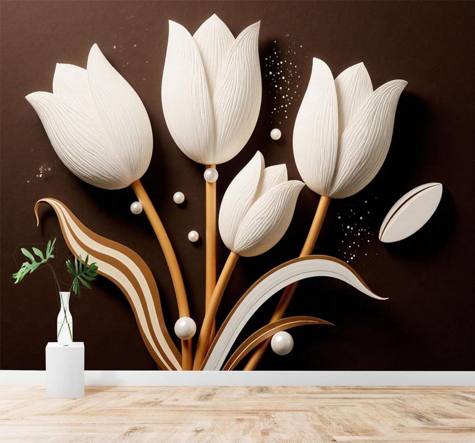 XLMING Elegant White Tulips Golden Stems Pearls Brown 3D Wallpaper Silky Texture Home Study Office Grey Dining Room Sofa Bedroom Living Room TV Backdrop-300cm×210cm