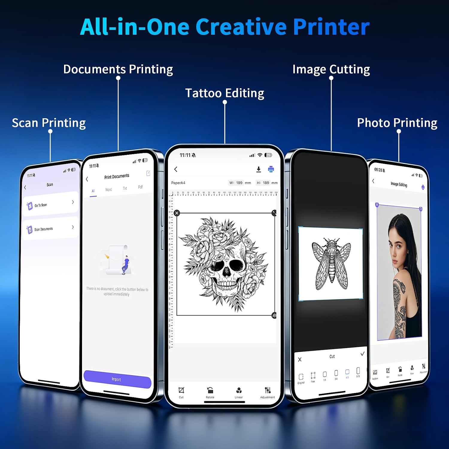 Screenshots of the Nada Print app showing features like document printing, tattoo editing, image splitting, and photo printing.