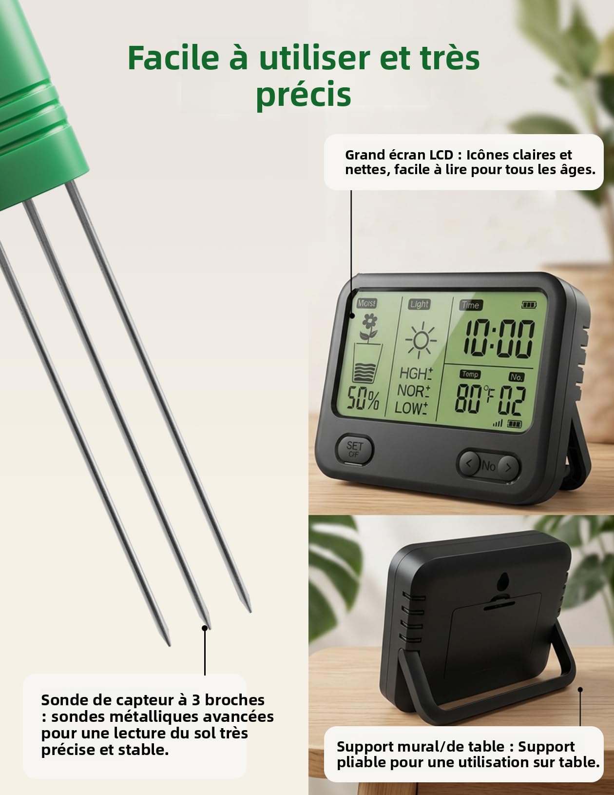 Boden Feuchtigkeitsmesser für Pflanzen,Gartenboden Temperatur/Feuchtigkeit/Sonnenlicht/Zeit /4-in-1 Feuchtigkeitsmessgerät Pflanzen für Gartenarbeit,Rasen (1 Monitor + 4 Sensoren)