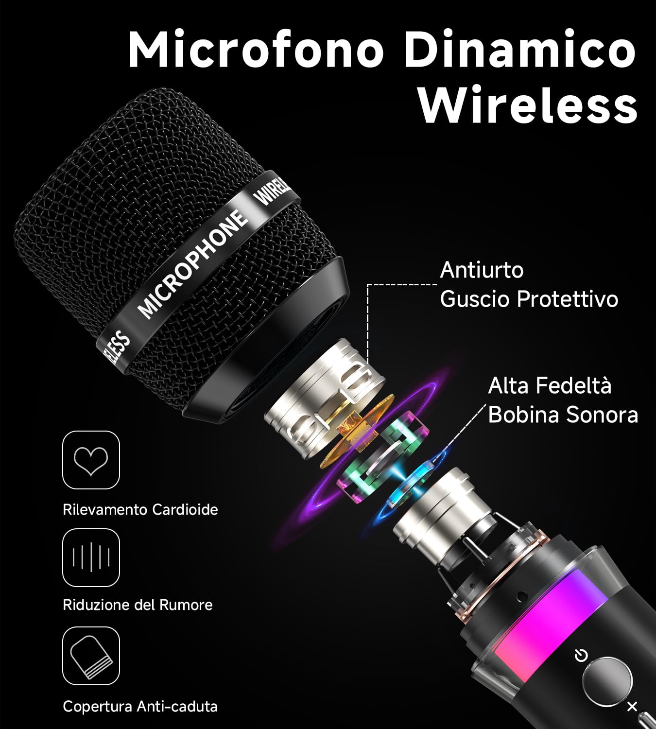 Microfono Wireless, Microfoni Wireless Ricaricabili Doppi Con Connessione Chip Uno a Uno e Luci LED, Durata 40 Ore, Portata di Ricezione 200 Piedi, Microfono Karaoke a Latenza Ridotta per Cantare