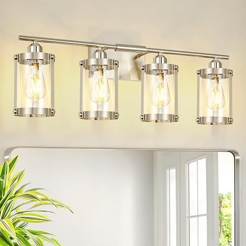4-Light Brushed Nickel Bath Vanity Light Clear Glass 29in UL E26,