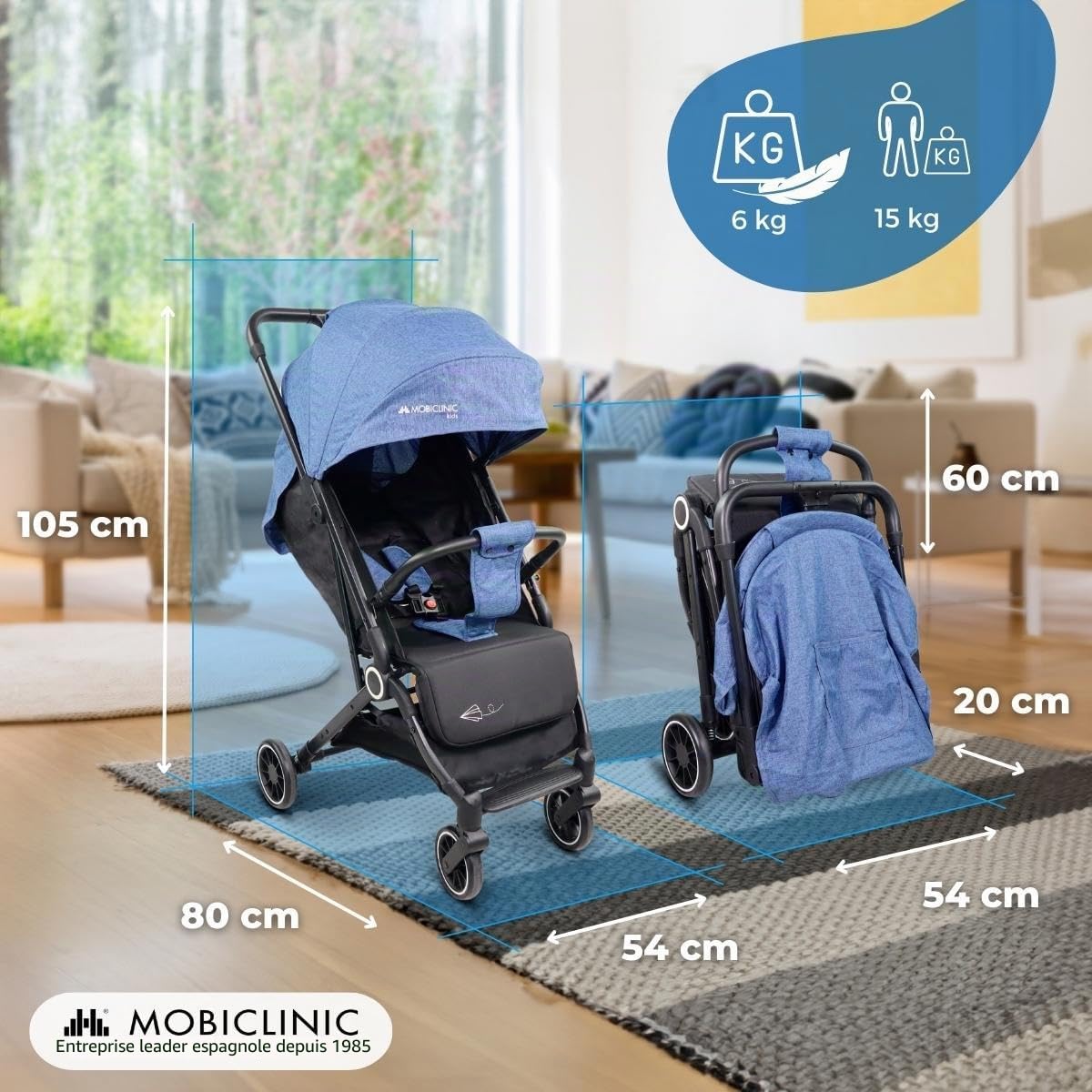 Mobiclinic® kids, Poussette, Ultra-compacte, Trip, Harnais 5 points, Barre de portage, Panier, 0-36 mois, Entièrement réglable, Poignée unique, Capot rabattable, Freins verrouillables
