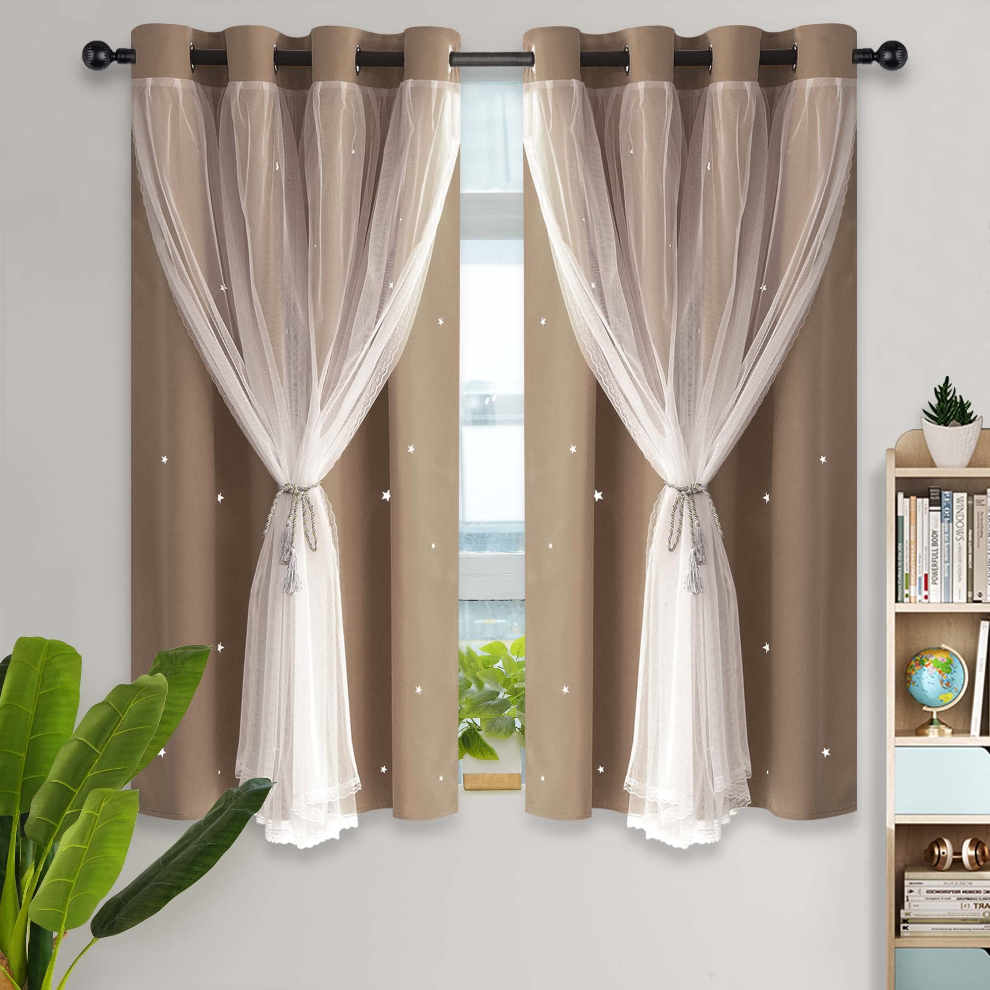 Kinryb Kids Blackout Curtains for Bedroom/Living Room/Classroom, Sheer Overlay Small 2 Panel Set, Double Layer Curtains with Star Cutout for Kids Room