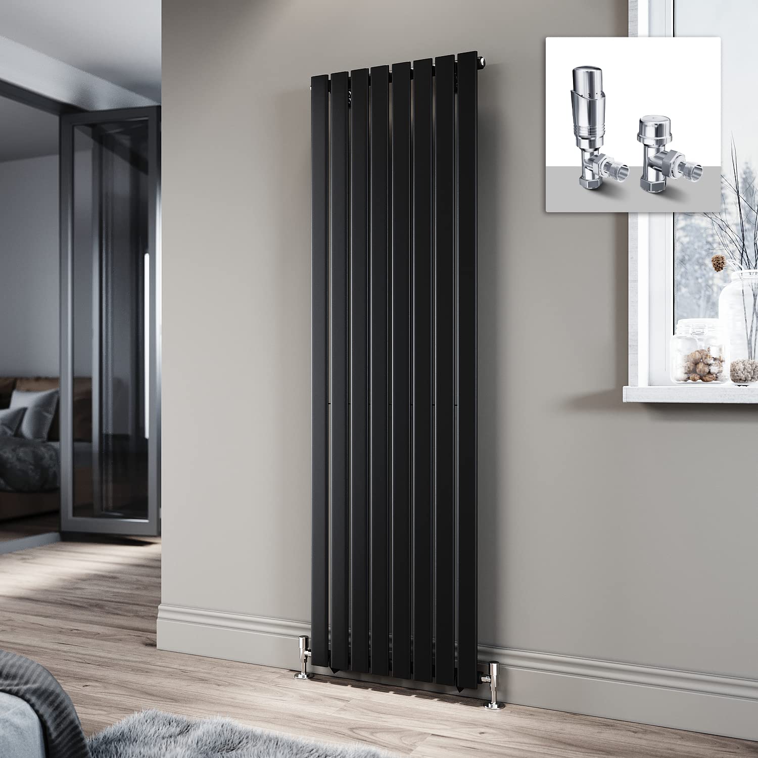ELEGANT 1800 x 544mm Radiator Black Vertical Radiator Flat Panel Designer Radiator Single Panel Tall Upright Central Heating Radiator with Chrome Thermostatic Valves
