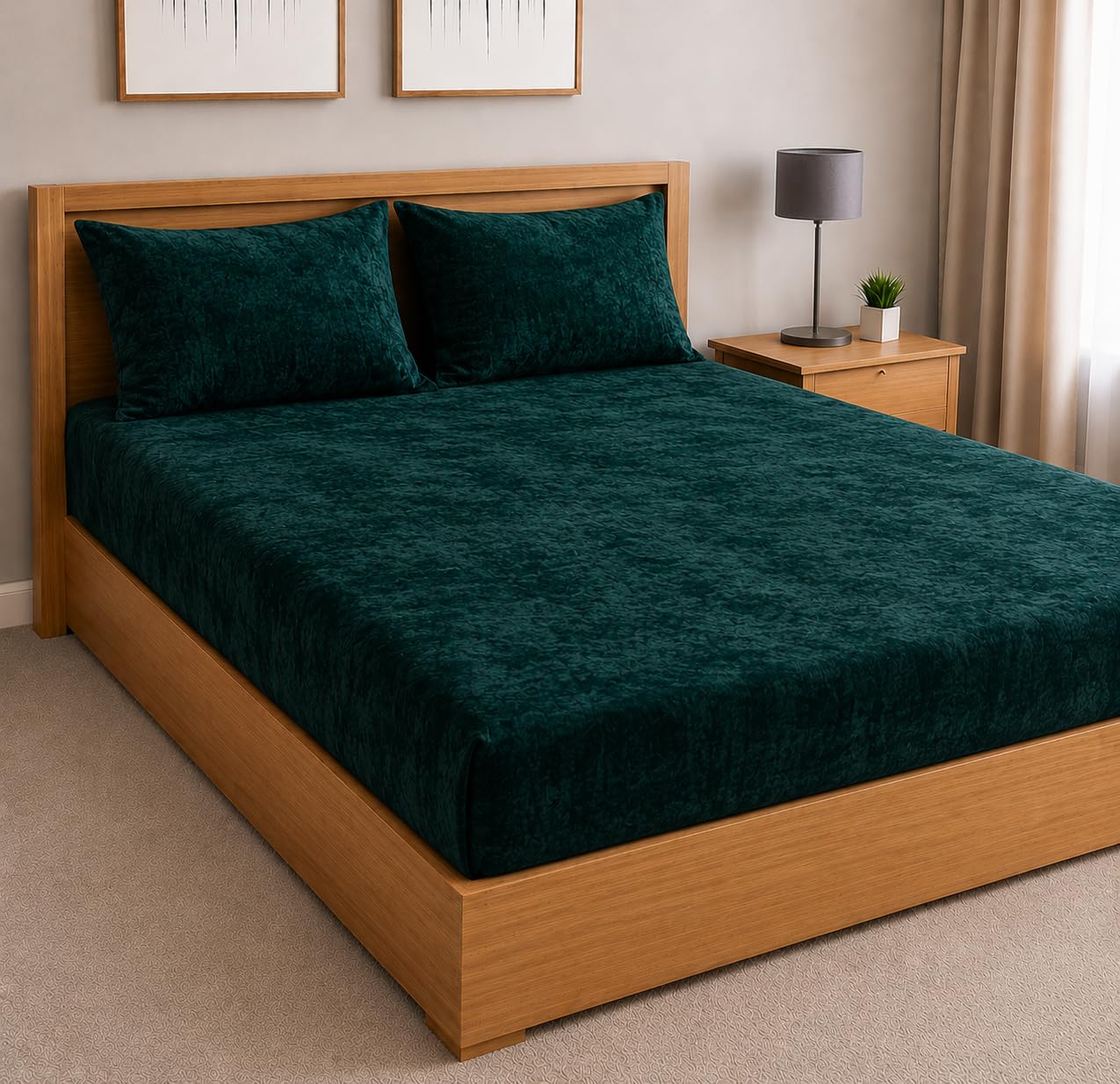 Warm Flannel (Flano) King Size Winter Fitted Bedsheet | All Side Elastic Premium Winter Soft Velvet Furnishing Bed Sheet with 2 Big Pillow Cover Size - 72 x 78 X 8 Inches Solid Green-image-8
