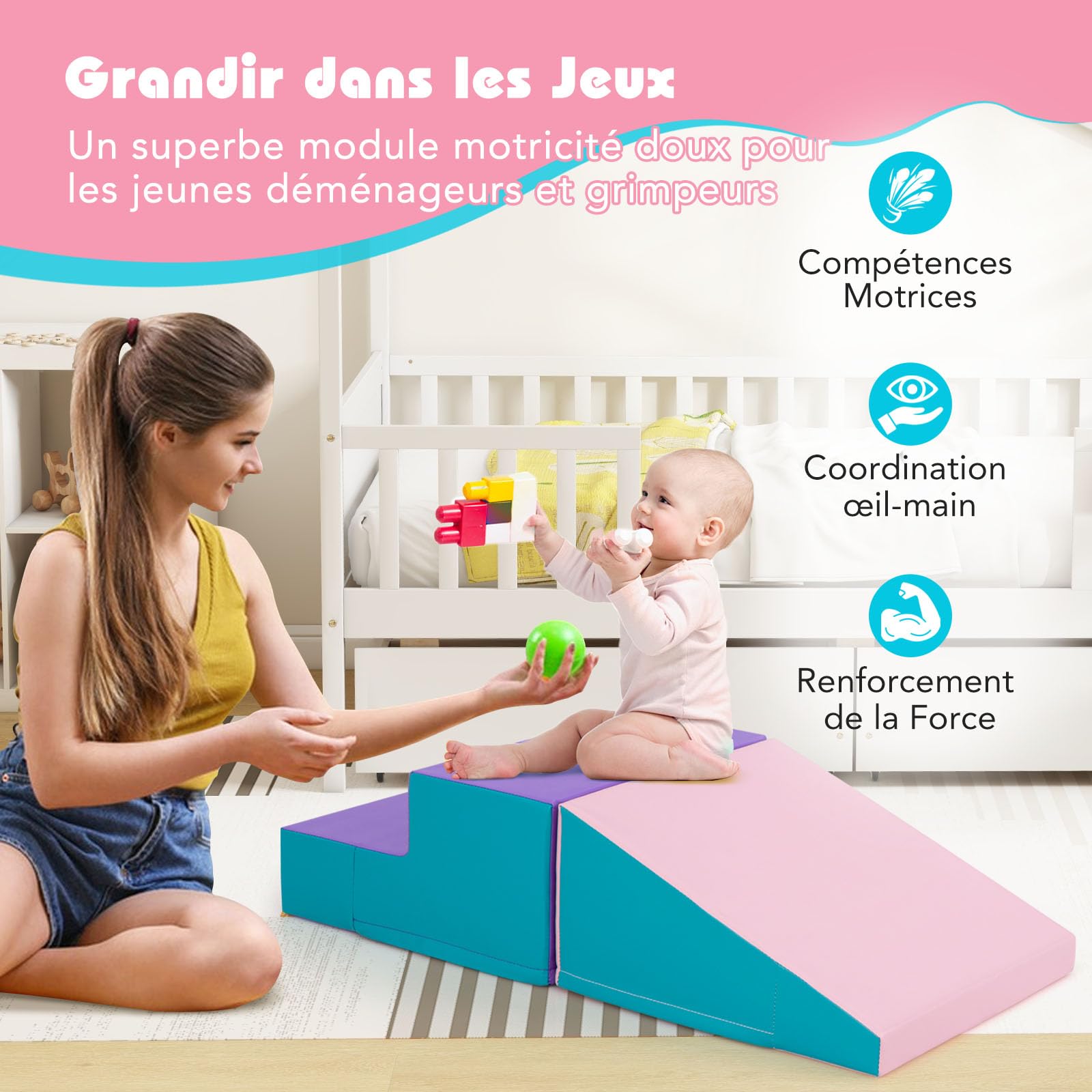 COSTWAY 2PCS Parcours Motricité Bébé en Mousse avec Housse Amovible en PU, Module Motricité Bébé avec Marche & Toboggan, Jouets Éducatifs pour Ramper Grimper pour Enfant d'Âge Préscolaire