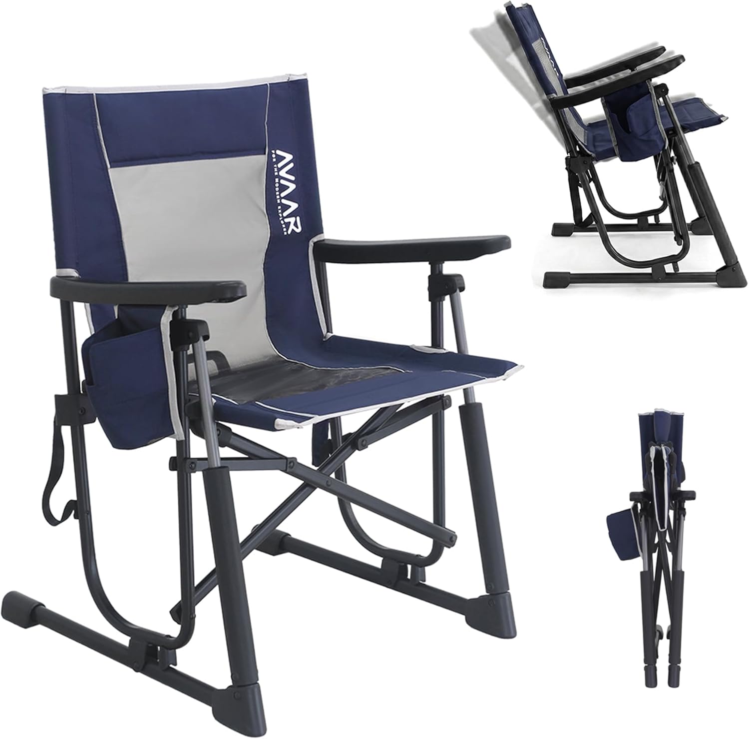 Go-Flow Rocking Camping Chair, Portable Outdoor Folding Chair with Armrest & Cup Holder for Fishing, Lawn, Beach, Patio,Supports up to 400lbs—Indigo Blue