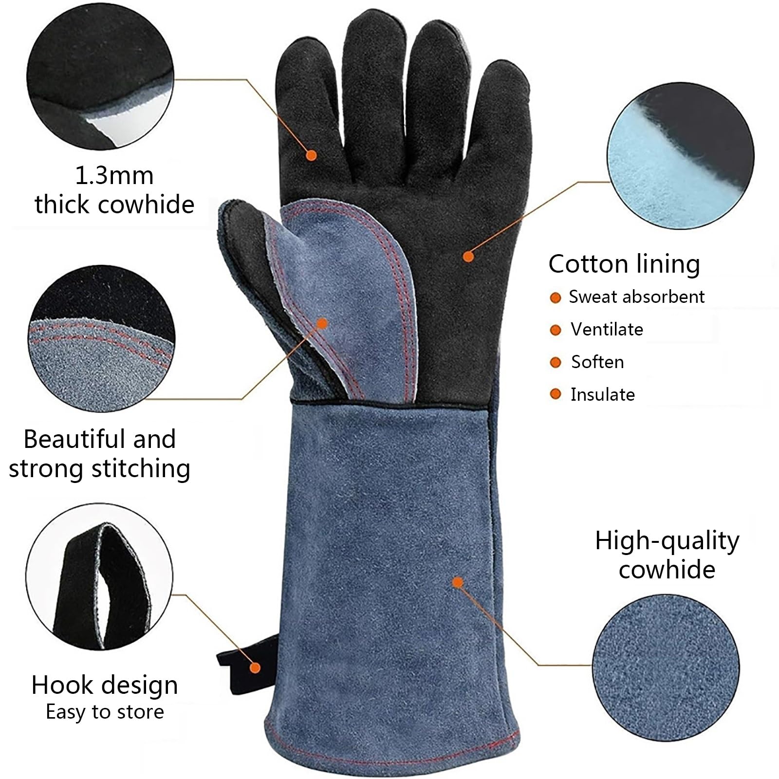 Guanti Da Lavoro in Pelle Bovina Spessa, Guanti Da Saldatura, Guanti Da Griglia ad Alta Temperatura 350℃, Guanti Da Barbecue, Guanti Da Forno - Resistenti All'abrasione, Ammorbidiscono, Ventilano