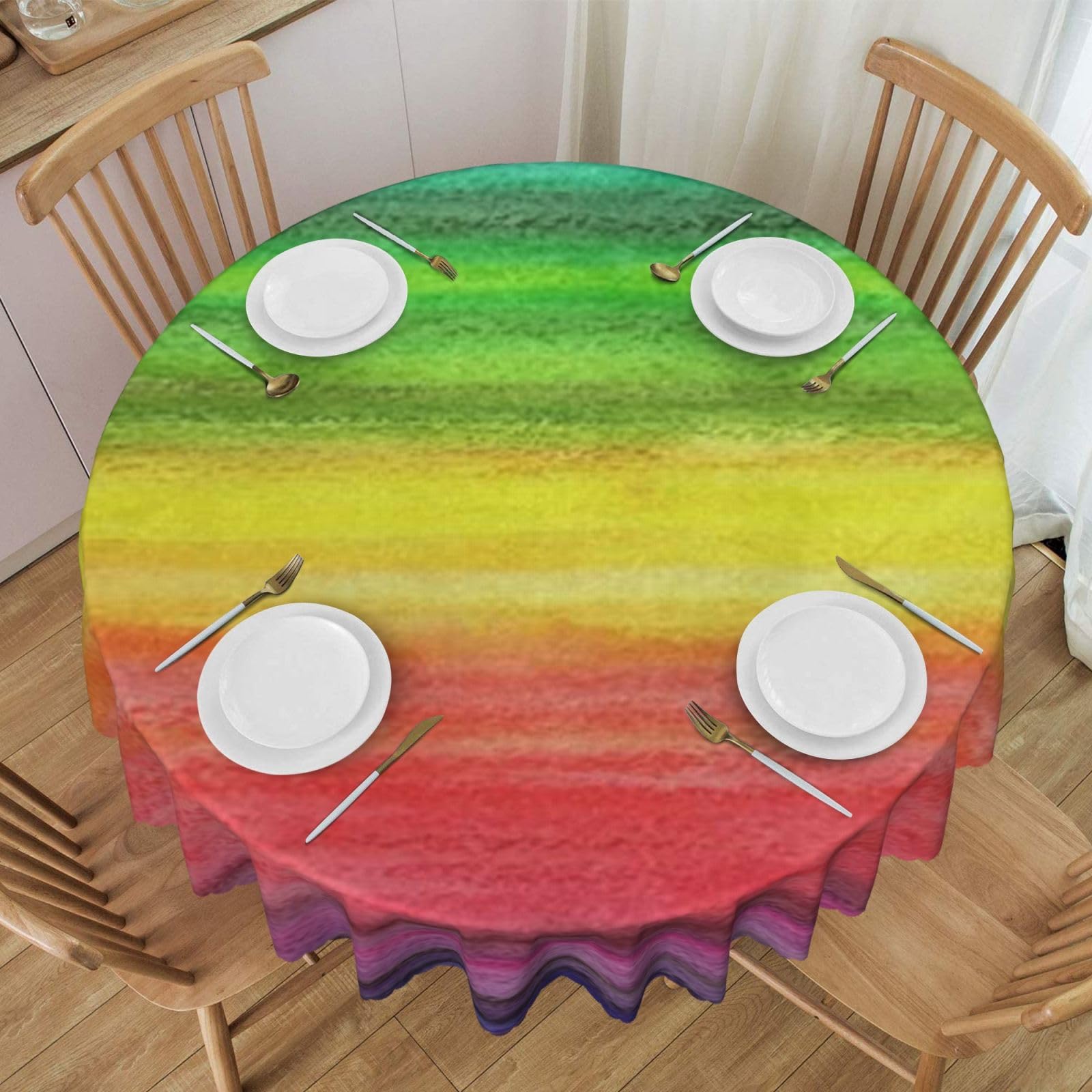 DCEHGEW 60 In Round Tablecloth with Lace, Watercolor Rainbow Printed Oilproof & Washable Fabric Picnic Table Cloth Table Covers