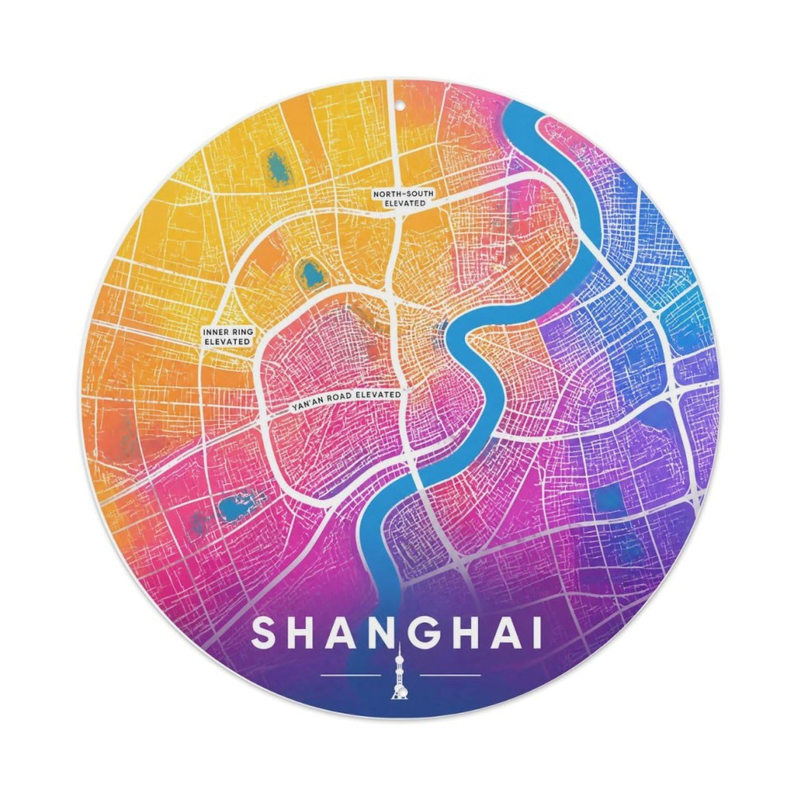 Odgynaw 8X8inch(20X20cm) Monochrome Route Colorful Shanghai Riverfront Detail Metal Tin Sign