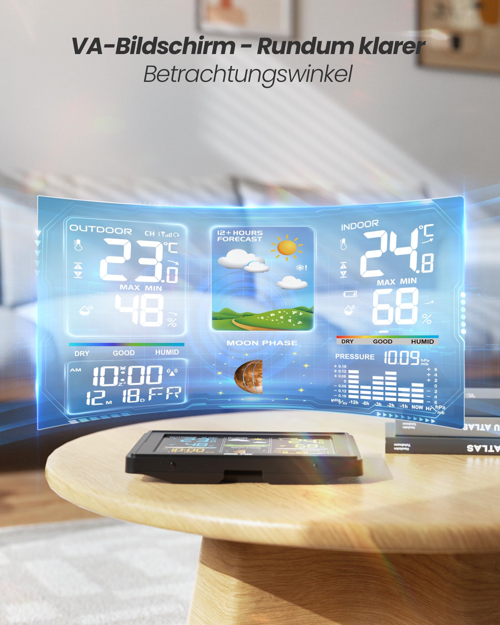 BALDR Wetterstation Funk mit Außensensor, Digital Farbdisplay DCF-Funkuhr Innen und Außen Thermometer Hygrometer, Funkwetterstation mit Wettervorhersage, Barometer und Mondphase, Netzteil
