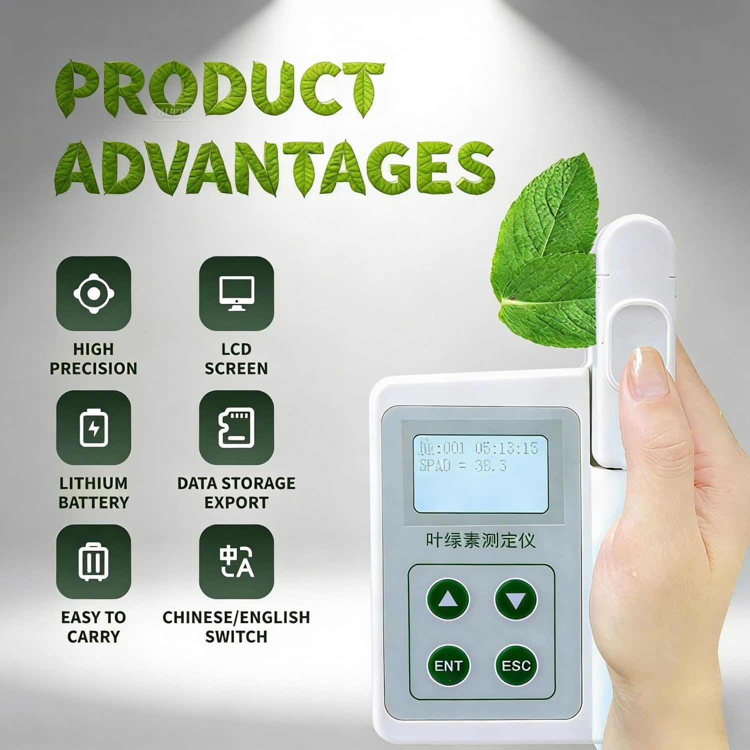 Analyseur de chlorophylle, thermomètre foliaire, humidimètre foliaire 0,0-99,9 SPAD, Compact et Portable, pour Agriculteurs et jardiniers.