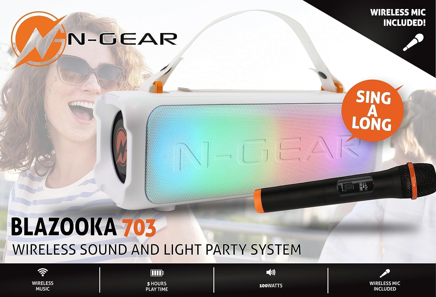 N-Gear Blazooka 703 White Cassa Bluetooth Karaoke 100 W con Luci LED | 100 W, Bluetooth, batteria fino a 5 ore, microfono wireless, luci RGB, USB e AUX, peso 738 g, design portatile bianco