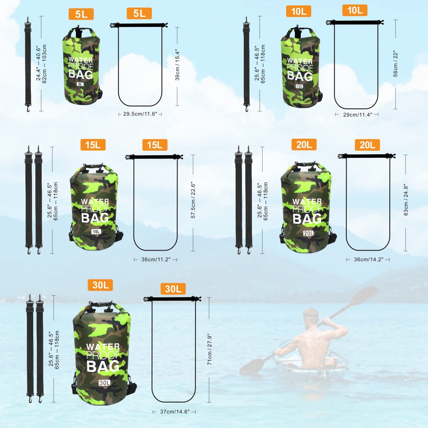 Borsa Impermeabile a Secco, Zaino da Spiaggia Galleggiante Borsa da Viaggio Leggero a Secco per la Spiaggia, Canottaggio, Pesca, Kayak, Nuoto, Rafting, Camping 5L 10L 15L 20L 30L