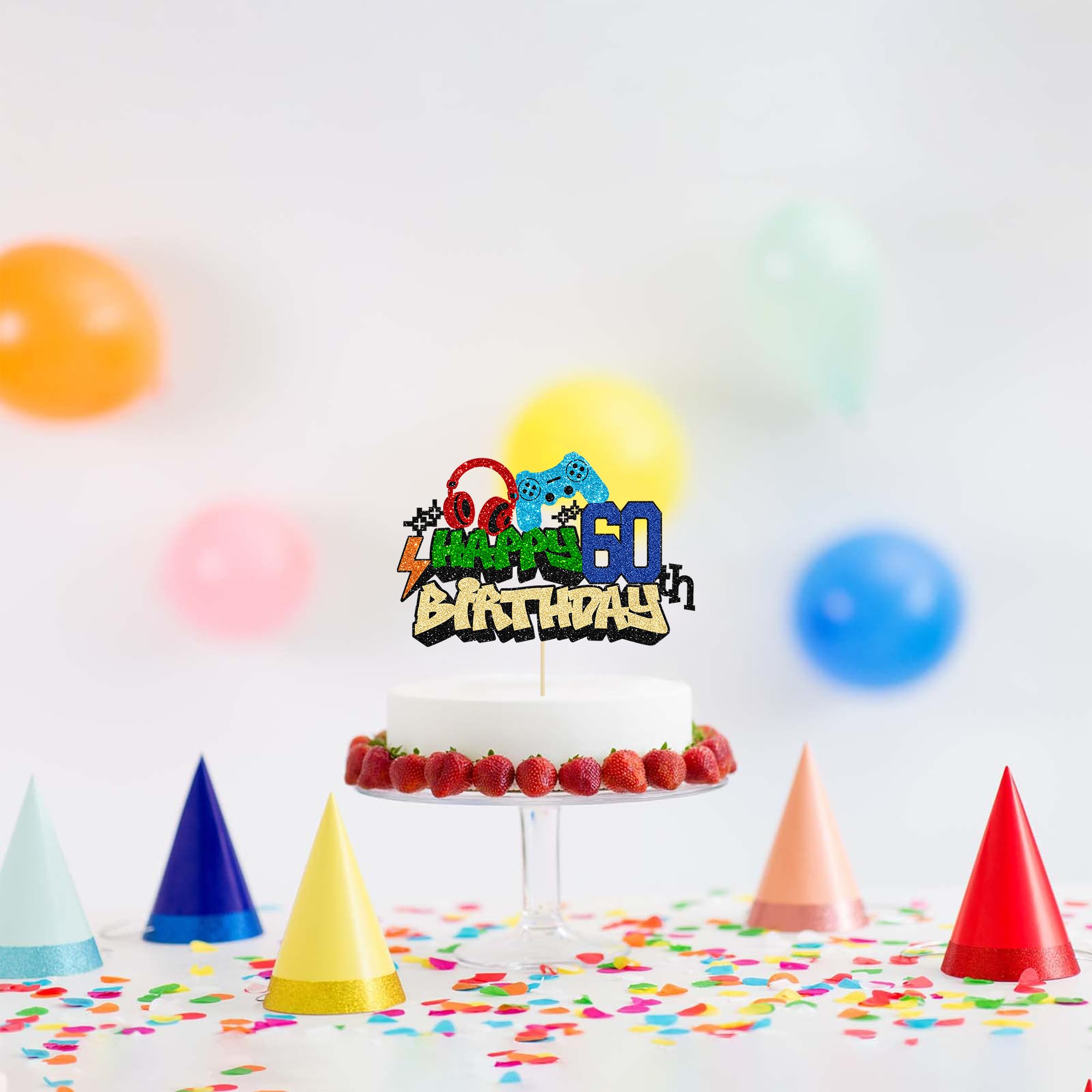 Gyufise 1Pcs Happy 60th Birthday Cake Topper Glitter Video Game Cake Pick Game On Controllers Eighteen Cheers to 18 Years Cake Decoration for Game Theme Happy 60th Birthday Party Supplies 3