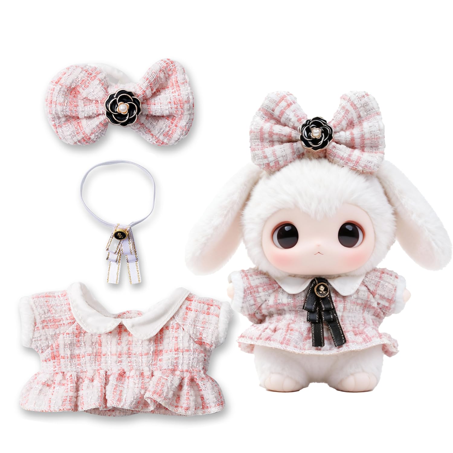 17cm Doll Winter Clothes 5-Piece Set - Heart Knit Sweater, Overalls, Scarf, Beanie & Sneakers for Kawaii Collectible Dolls & Vinyl Art Toys (6.7 inch)