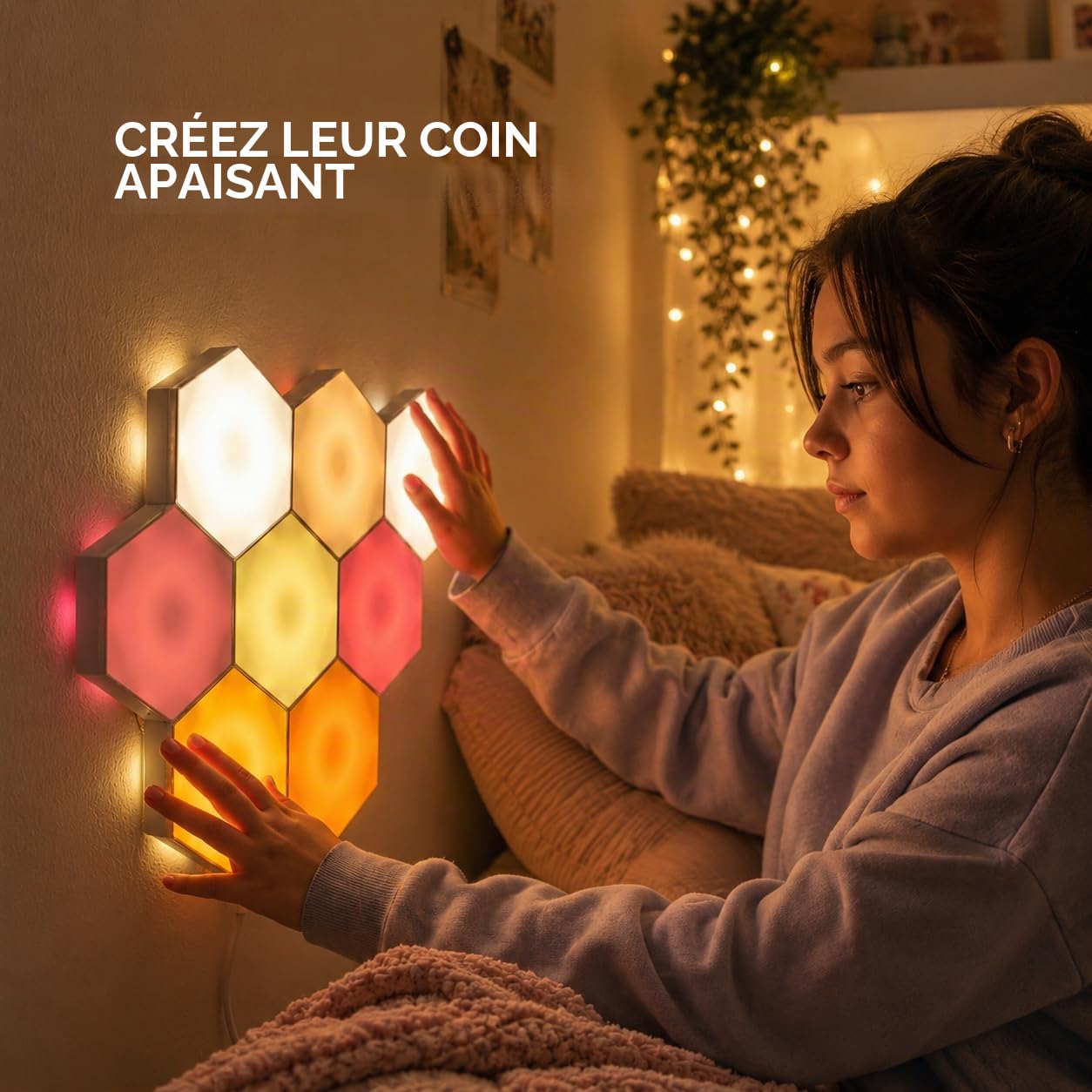 Emberela HEXlights Lot de 7 panneaux muraux hexagonaux RVB contrôlés par contact et télécommande, panneaux lumineux hexagonaux à DEL – Idéal pour la décoration du salon, de la chambre à coucher et de