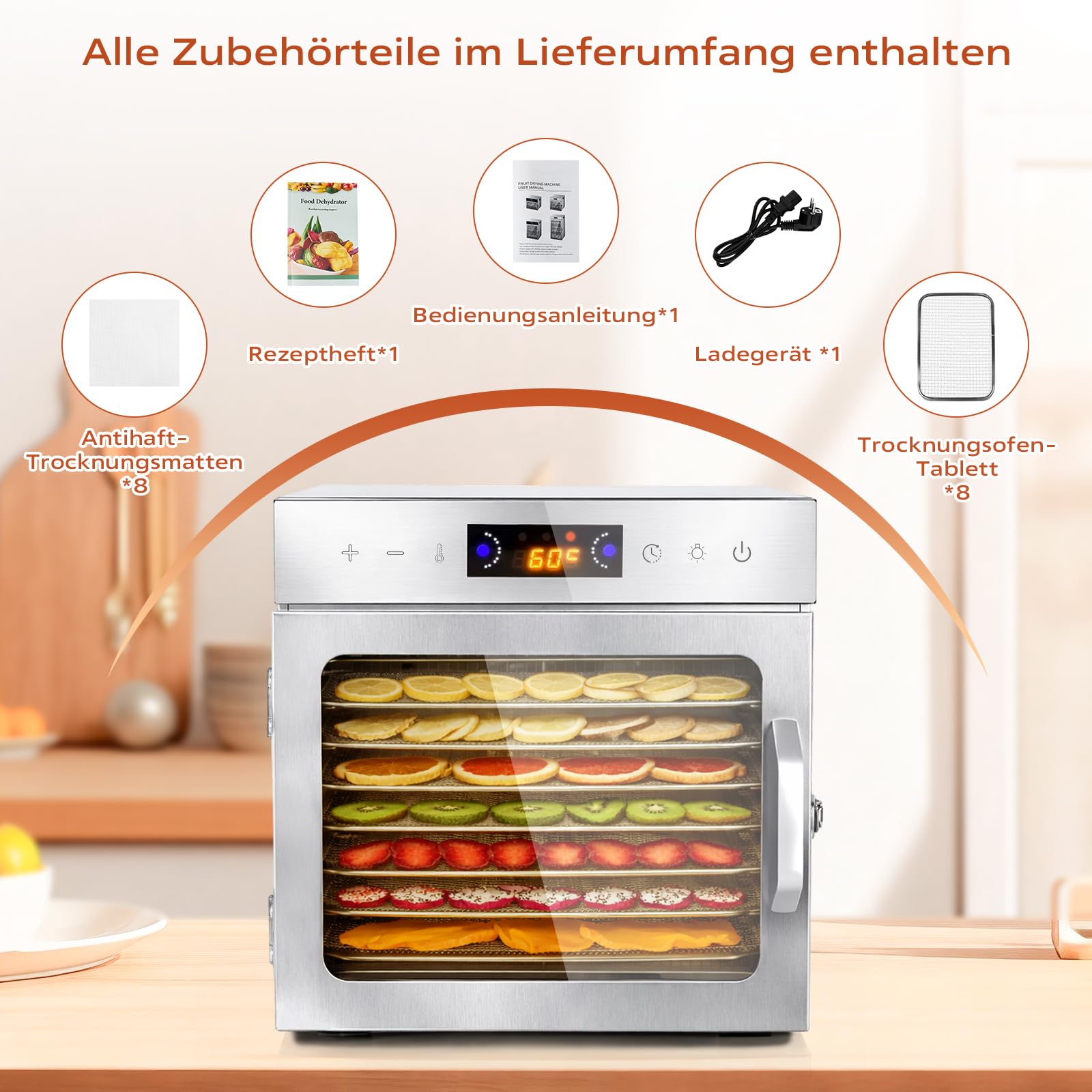 Dörrautomat Edelstahl mit 8 Stainless Steel Grids und 8 er Dörrfolie, BPA-frei, Einstellbare Temperatur von 35–90°C, Für Obst, Gemüse, Fleisch und Kräuter, Inklusive Rezeptbuch