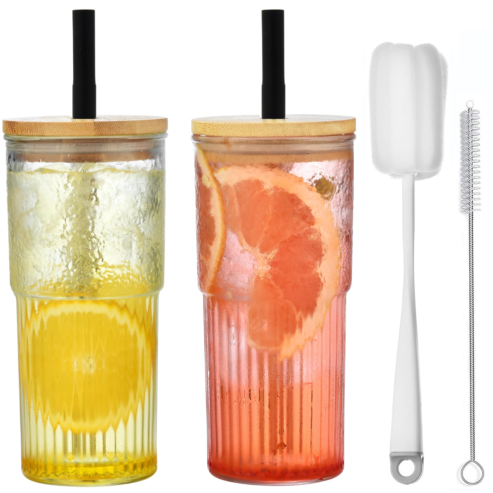 Alink Bicchiere in vetro da 623,7 g, con coperchio e cannuccia in bambù, bicchiere da tè Boba, a bocca larga, per frullati, caffè freddo, succhi di frutta, acqua (nero