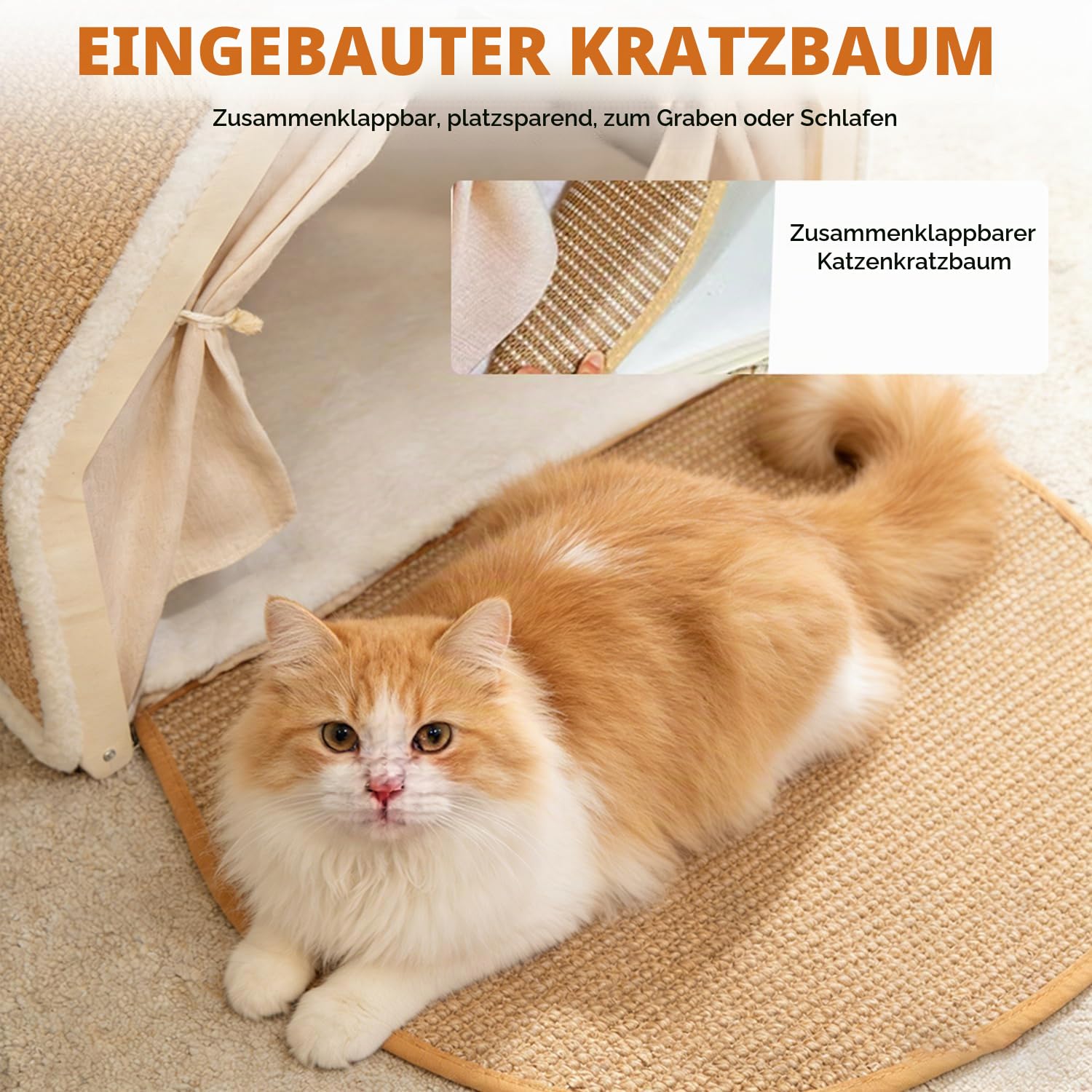 2-in-1 Katzenhaus mit Kratzbrett, Holz katzenzelt & Sisal Kratzfläche als Gemütliche Katzenhöhle für 2 Katzen, Atmungsaktiver Katzenhaus Indoor mit Sisal Kratzbrett 52 x 40 x 40 cm（Beige）