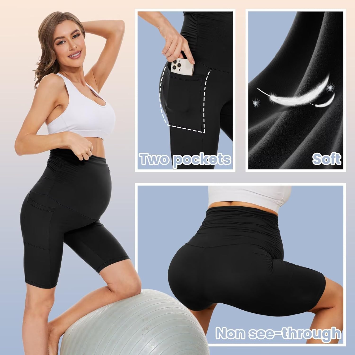 Happy.angel Maternity Biker Shorts with Pockets, Over The Belly Pregnancy Yoga Shorts for Workout Running Lounge - Image 4