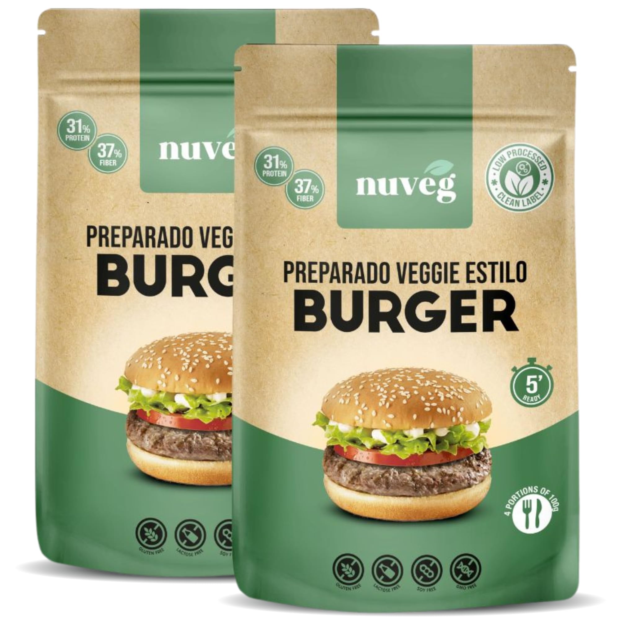 NUVEG Preparado Veggie para Hamburguesa Vegetal, Dieta Vegana y Vegetariana, Alto en Proteínas y Fibra, Sin Gluten y Sin Lactosa, Comida Preparada en Conserva, Fácil y Rápida, Pack 2, 270g