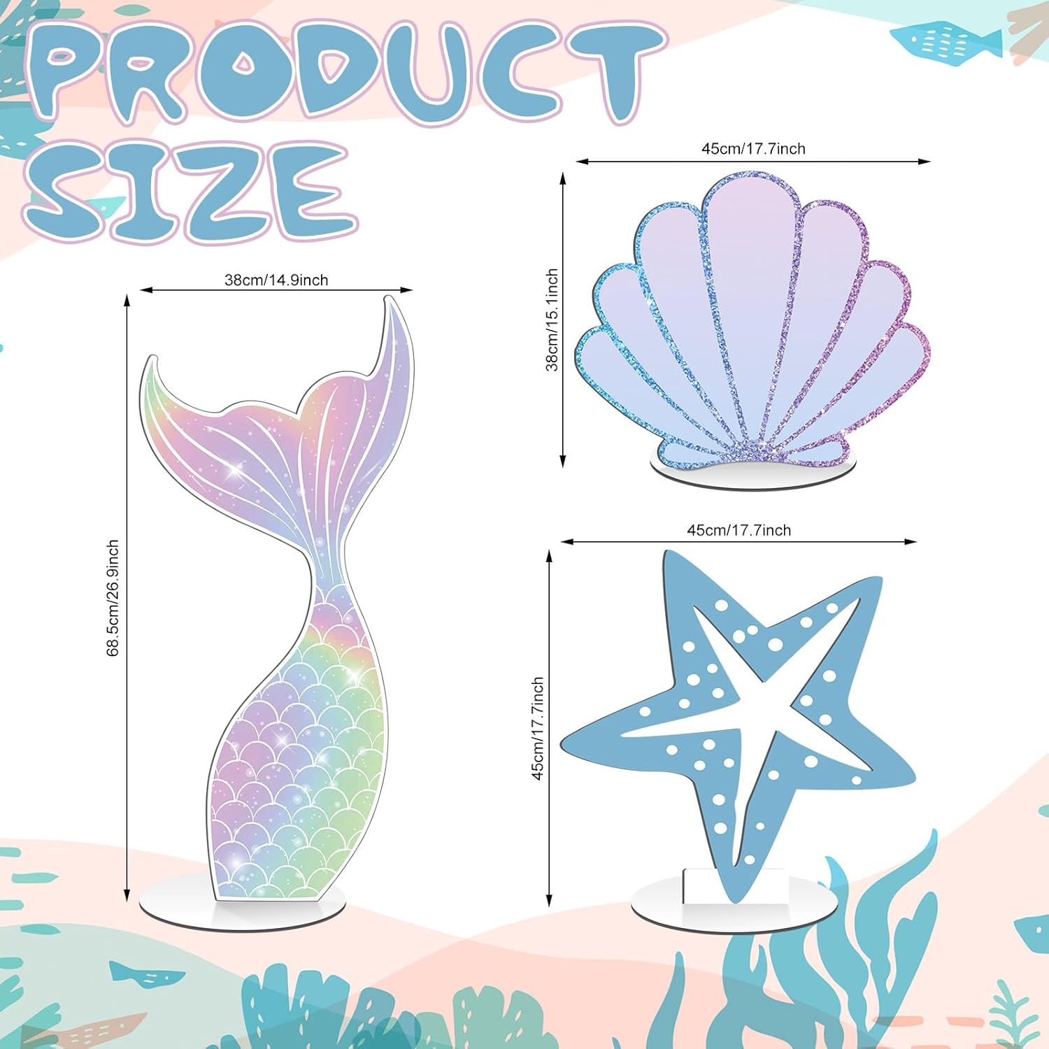 Amyhill 3 Pcs Large Under The Sea Mermaid Wooden Decoration Under The Sea Mermaid Tail Seashell Starfish Stand Decorations Ocean Cutouts for Baby Shower Birthday Party Decor Photography Props