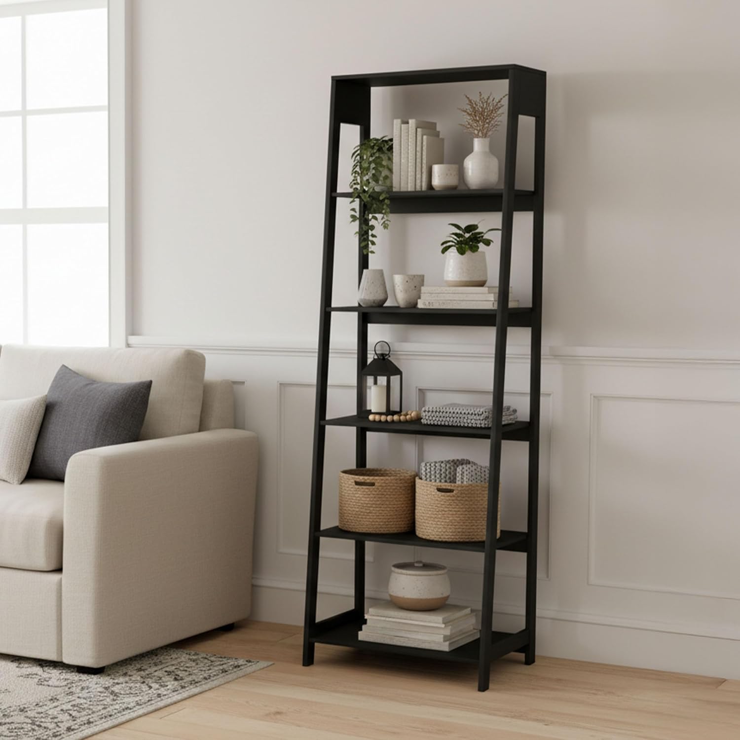 Lavish Home 5-Tier Ladder Bookshelf - Modern Freestanding Wooden Bookcase with Leaning Look Frame Design - Display Shelves for Books, Décor, and Storage in Home, Living Room or Office (Black)