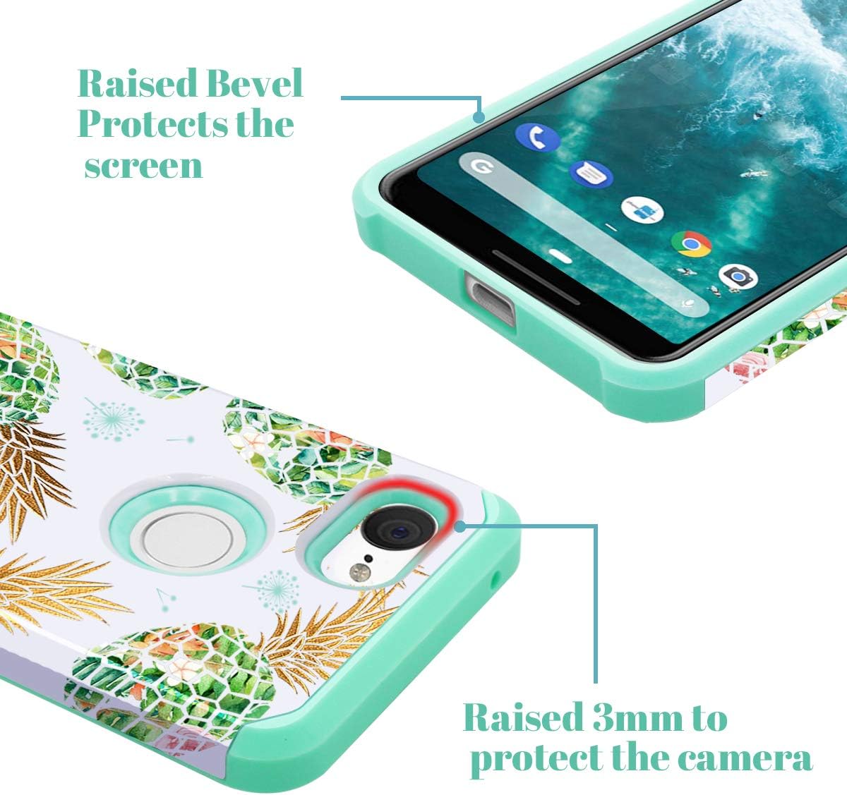 Fingic Google Pixel 3 Case, Pixel 3 Case Pineapple Floral Design Slim Case Hard PC Soft Rubber Anti-Scratch Shockproof Protective Slim Phone Case Cover for Google Pixel 3 (2018) - Mint Green