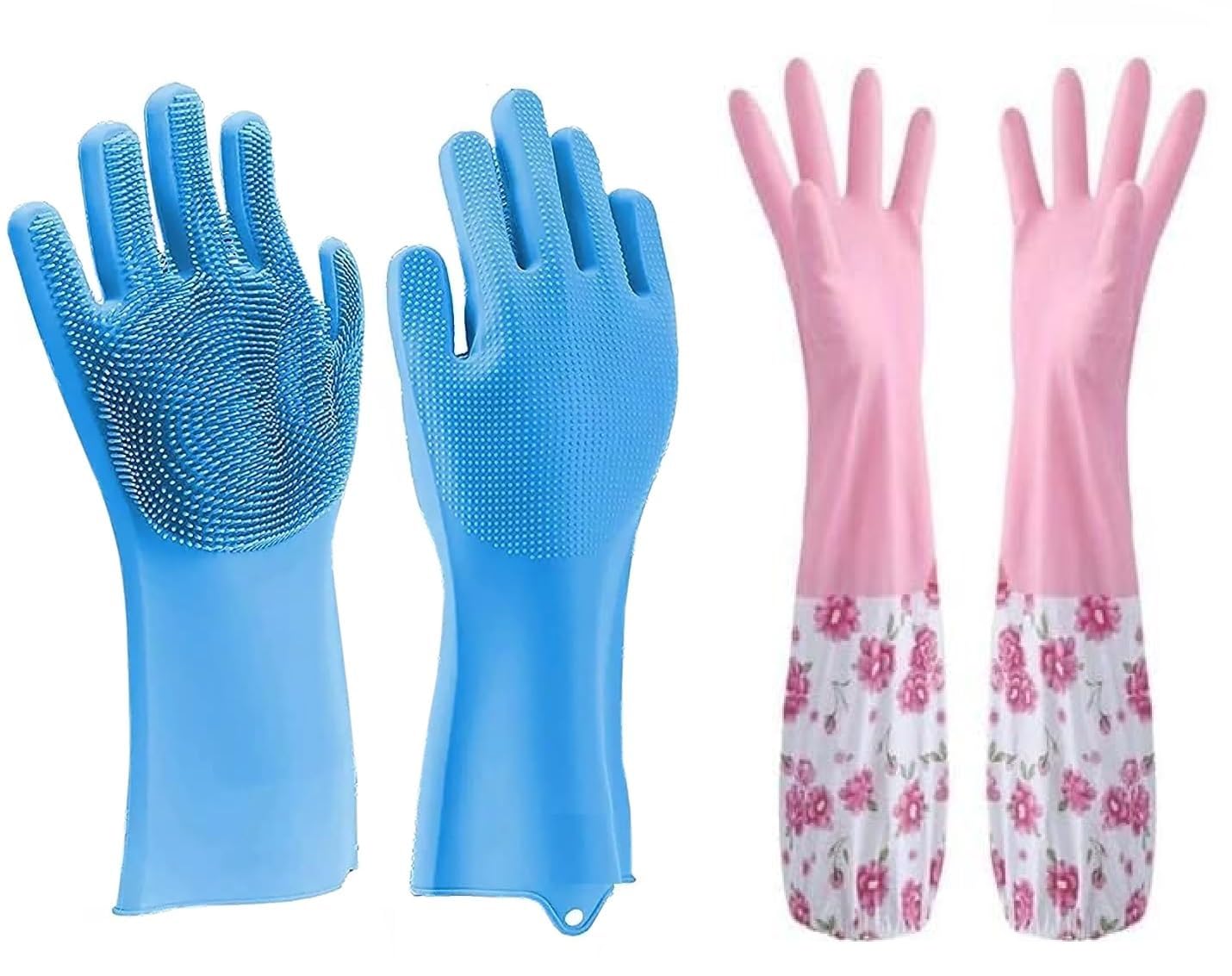 GDNK Reusable Rubber Latex PVC Flock lined Long Sleeves elbow length Hand Gloves for Kitchen Dish-Washing, Cleaning Gloves (Pack of 2) (Silicon + Cotton (Multicolor))