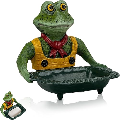 Jabonera de rana de hierro fundido Lindo soporte de jabón de animales para baño o cocina, recipiente vintage con drenaje, soporte de barra de jabón
