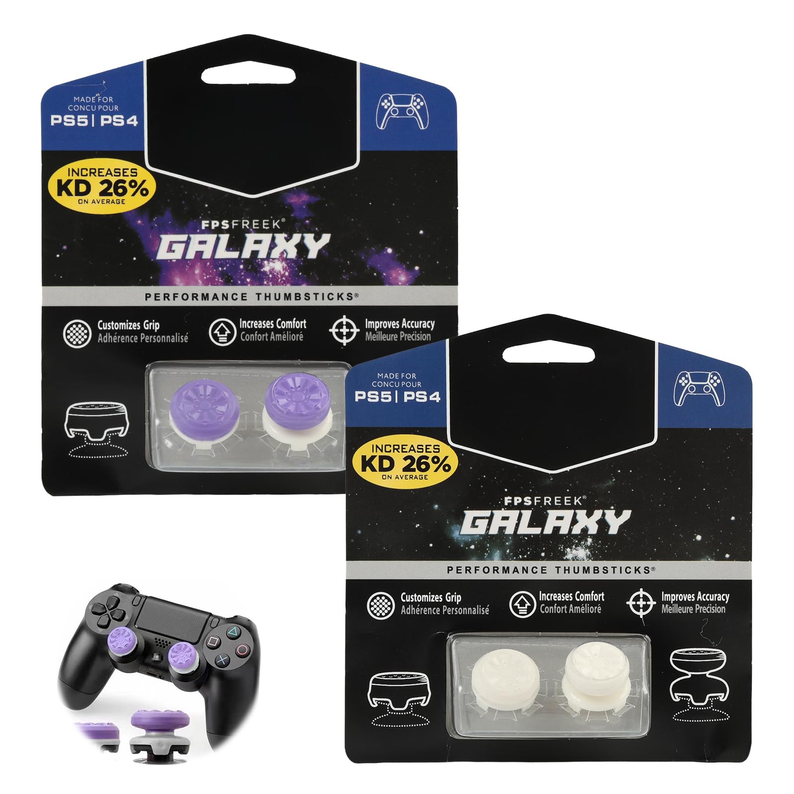 Kompatybilne z FPS Freek Galaxy PS5 Stick Aufsätze, ikoniczne wydajne kości kierunkowe dla PlayStation 5, PS4, precyzyjne podwyższenia joysticka do gier FPS, fioletowe, białe, komfortowa kontrola