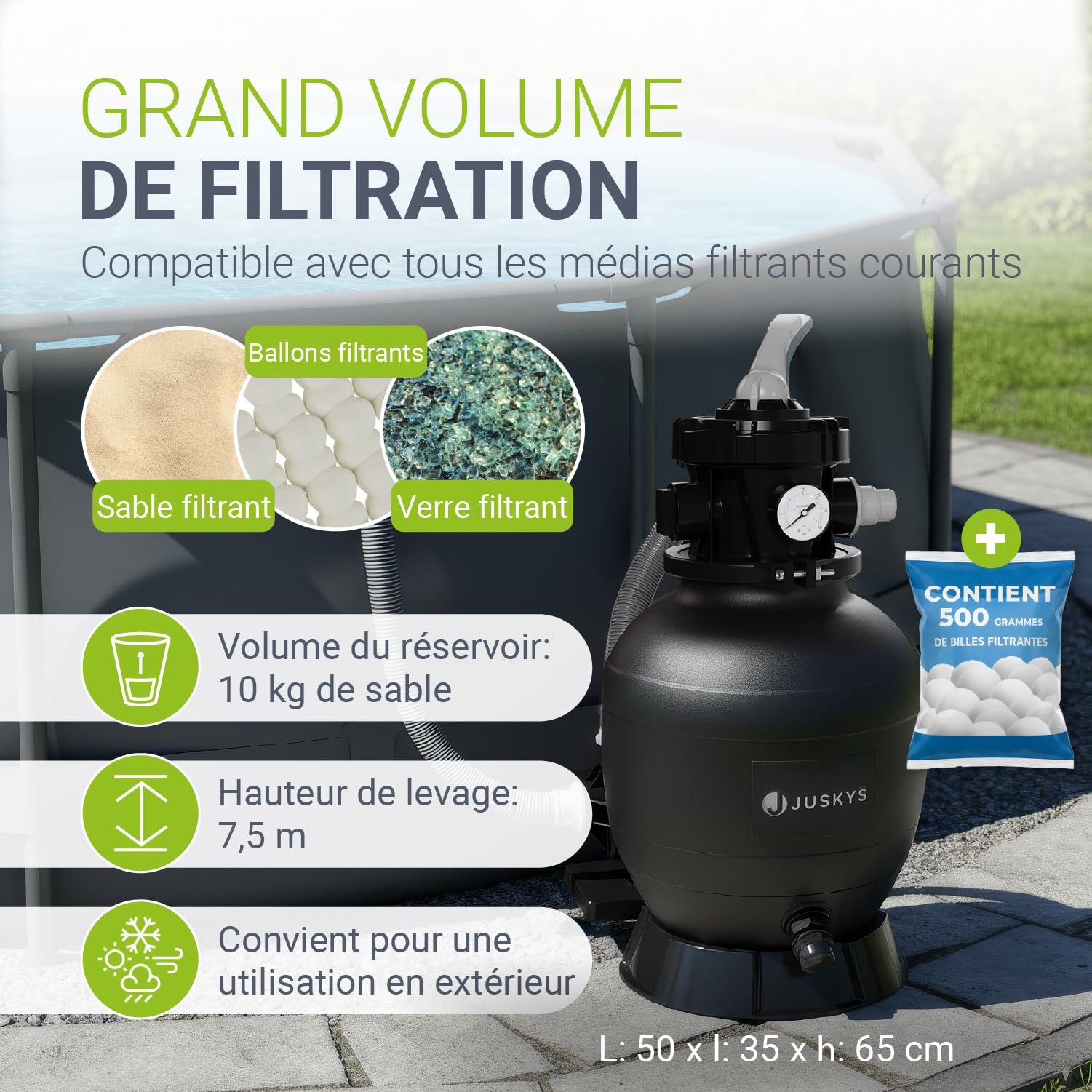 Juskys® Filtre à Sable 250 W - équipement Piscine Puissant pour Volume 38.0000 litres, système 7 Positions, Construction Durable