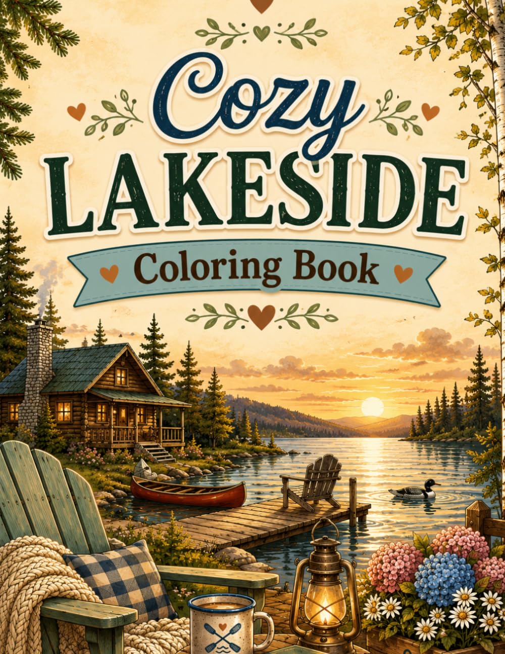 Cozy Lakeside Coloring Book: Charming Lake Cabin Scenes, Peaceful Canoe Rides, Rustic Wilderness Retreats, and Cottagecore Inspired Adult Coloring Pages for Stress Relief