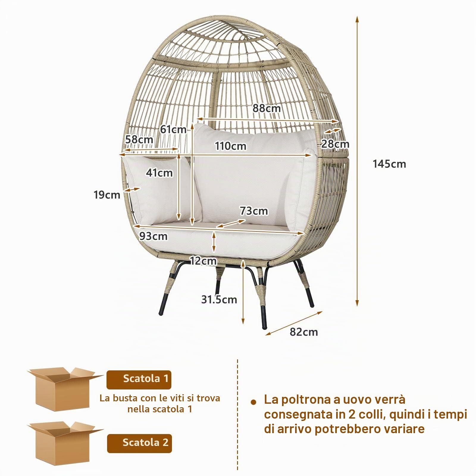 KOMFOTTEU Poltrona da Esterno in Rattan Boho Chic, Portata fino a 180 kg Poltrona da Giardino con Cuscini, Sedia a Forma di Uovo con Struttura in Metallo, Divano per Soggiorno, Terrazza, Marrone