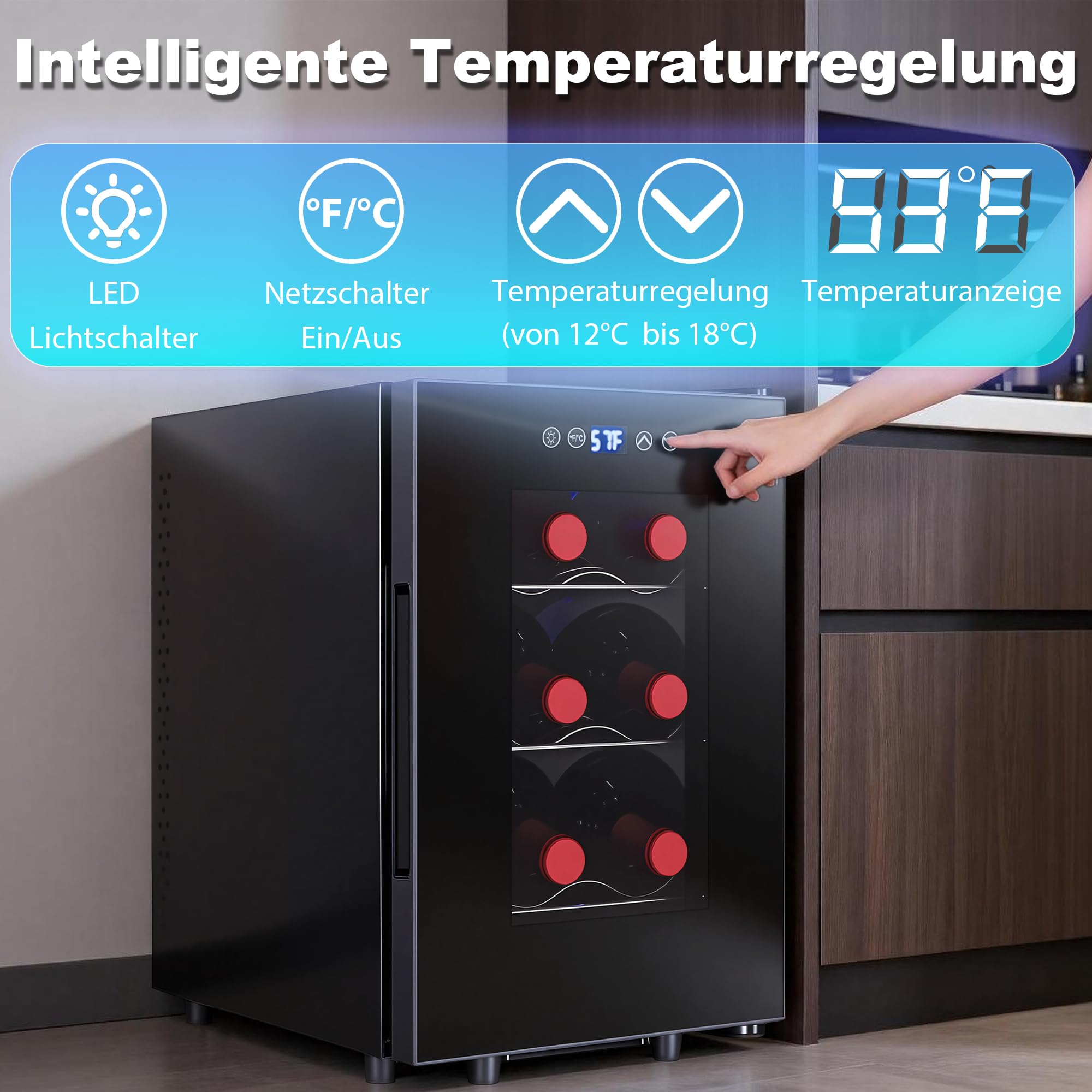 Iceblue Weinkühlschrank 6-Flaschen digitale Temperatursteuerung Schwarz