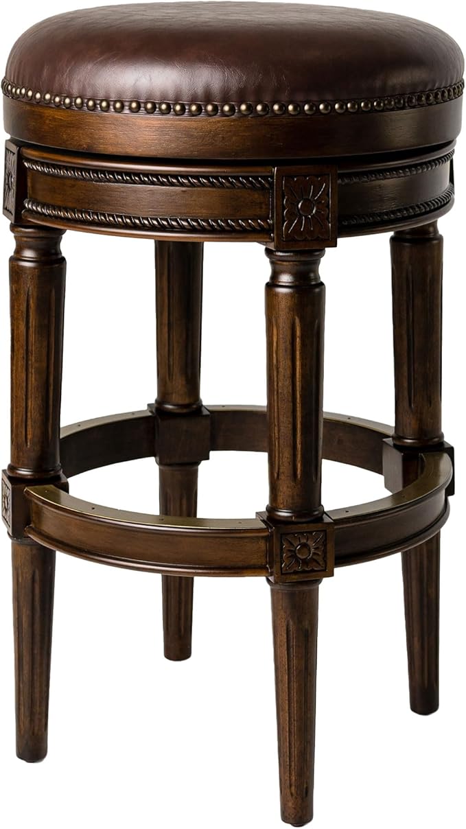 Maven Lane Pullman Backless Bar Stool 31 Inches – Swivel Stool with Footrest – Dark Brown Solid Wood Frame & Brown Faux Leather Upholstery – Perfect for Bars, Pub Tables & Tall Kitchen Counters