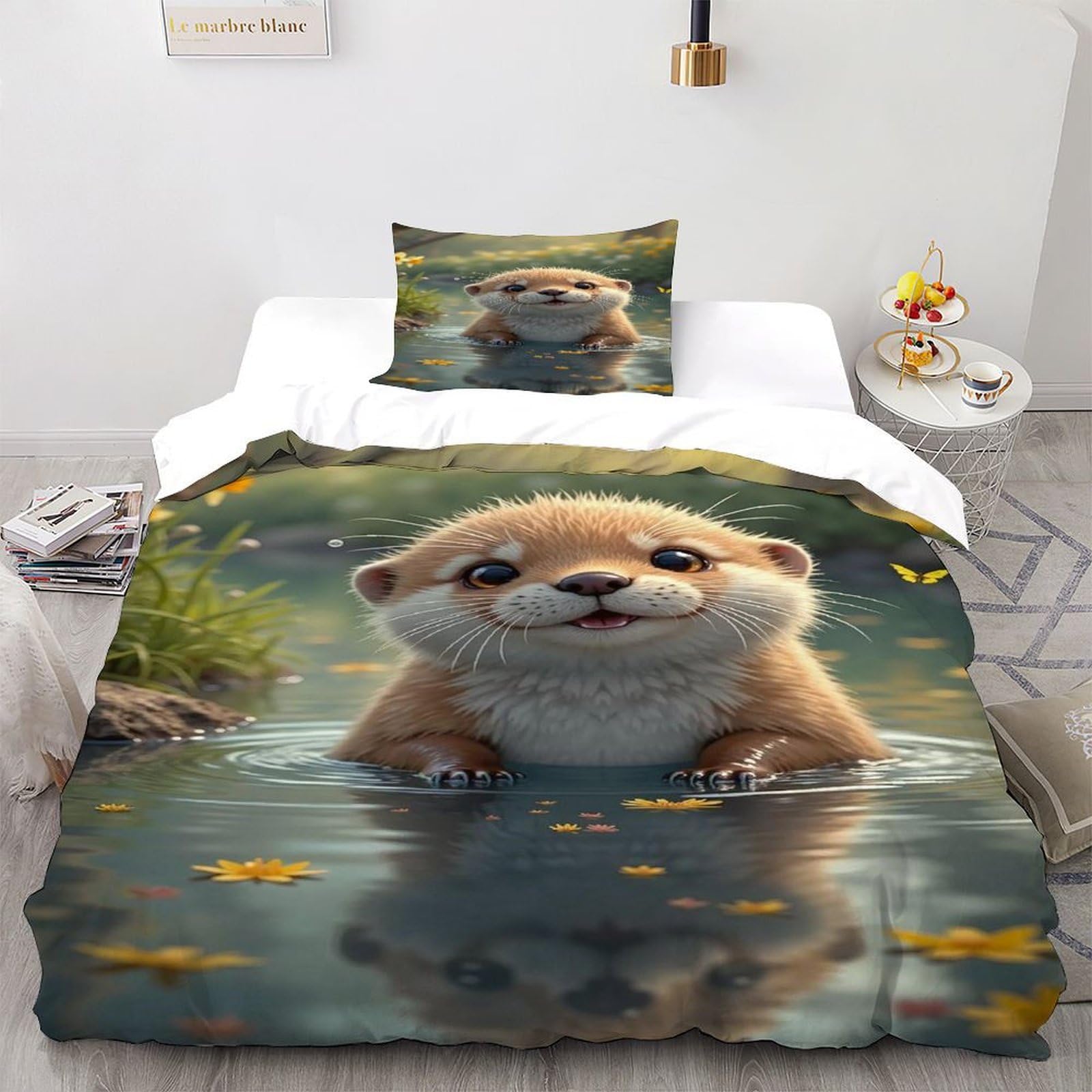 Otter Water Bedding Set 3D Digital Printing Animal Themes Marine Animals Duvet Cover Set Chic Breathable Comforter Cover Girl Woman with Pillow Single（135x200cm）