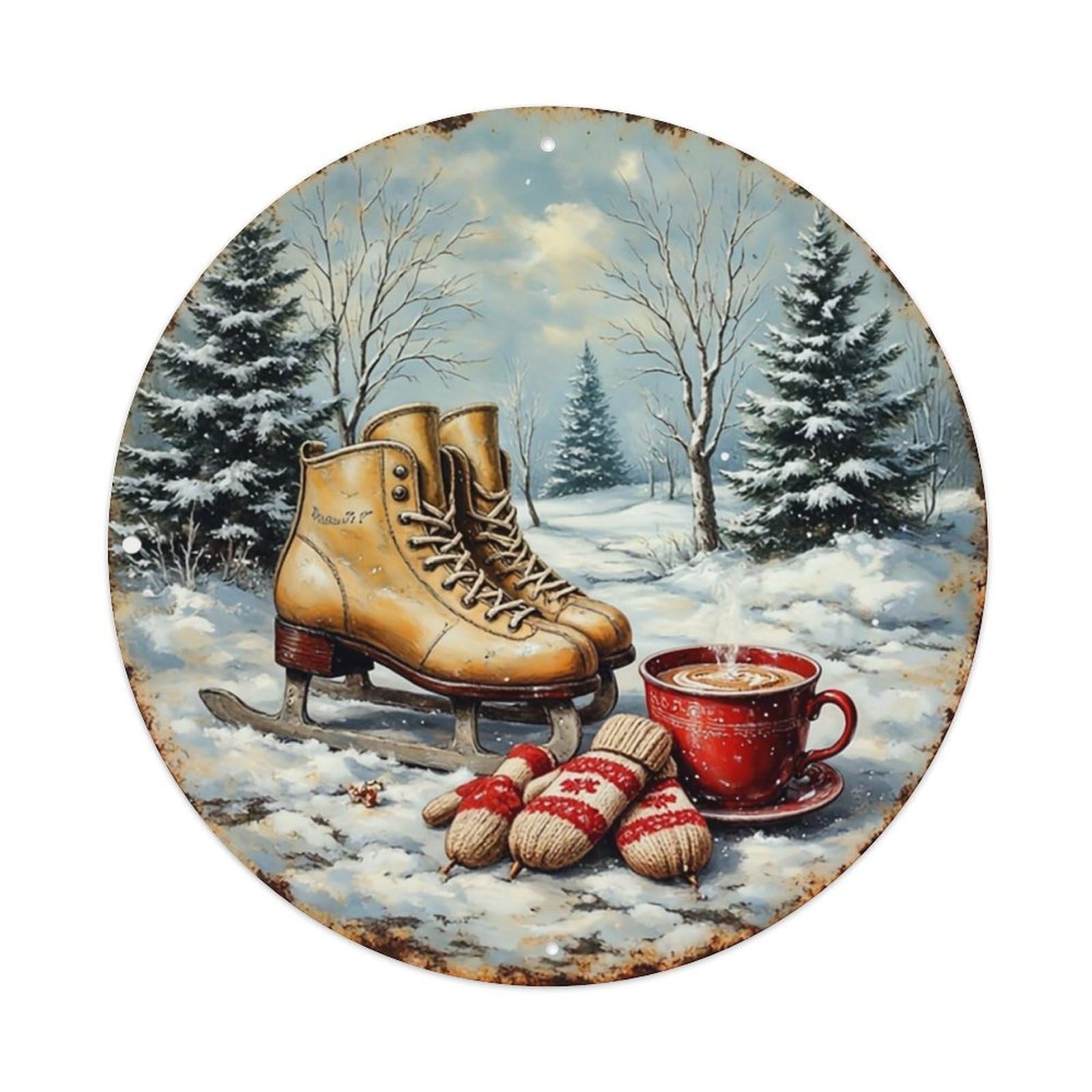 Winter Scene With Skates And Coffee Vintage Round Tin Sign Retro Metal Wall Decor Metal Poster, Home Bar Garage Cafe Wall Art Decoration 8x8Inches