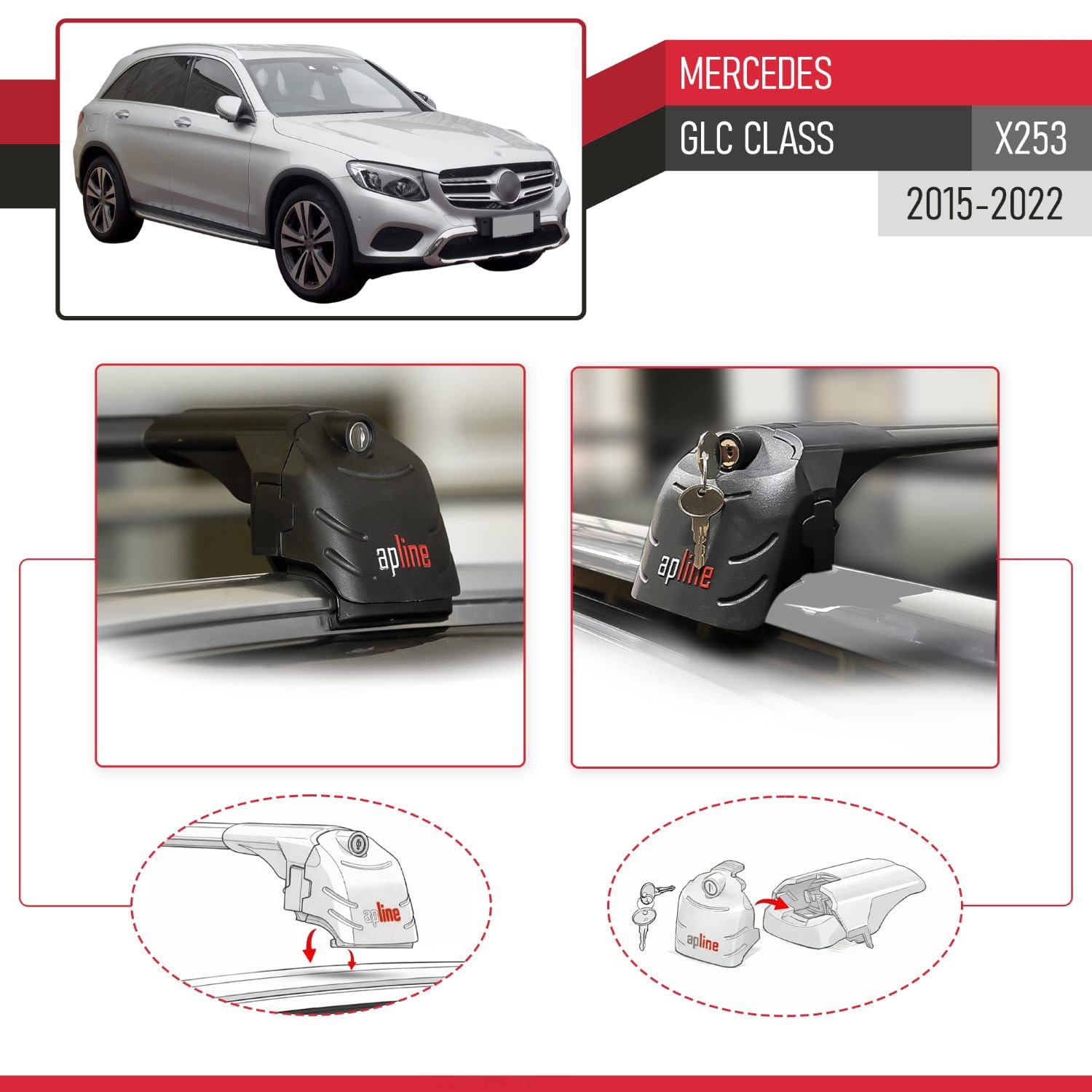 Compatible con Mercedes GLC Class (X253) 2015-2022 (No-Sunroof) Modelo Ace-2 Barra de Techo Auto Portaequipajes Barras Transversales Negro Aluminio 2 Barras