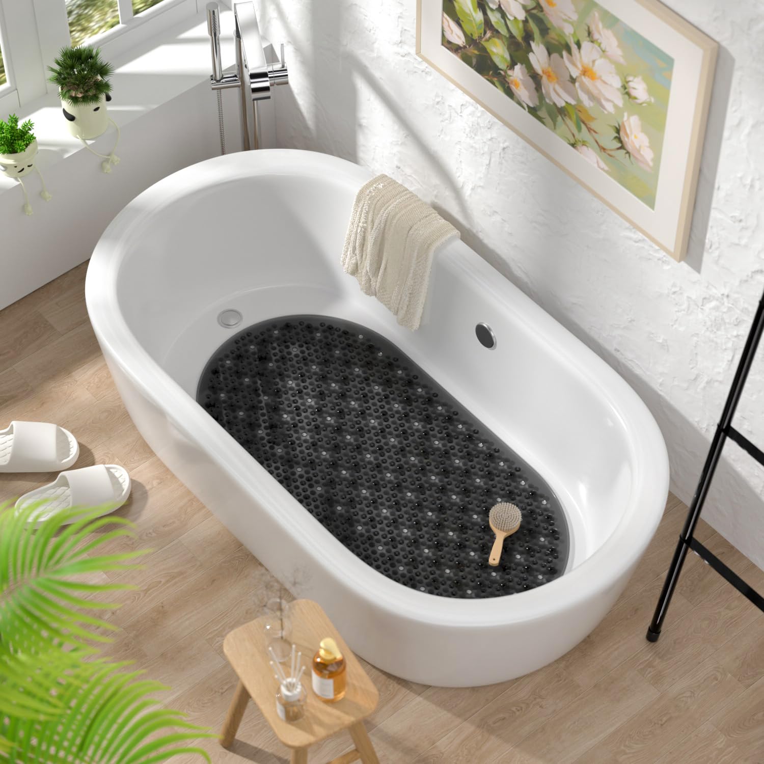 Tapis De Douche Antidérapant HITSLAM 68x38 Cm – Ultra Adhérent Avec Ventouses, Drainage Parfait, Blanc