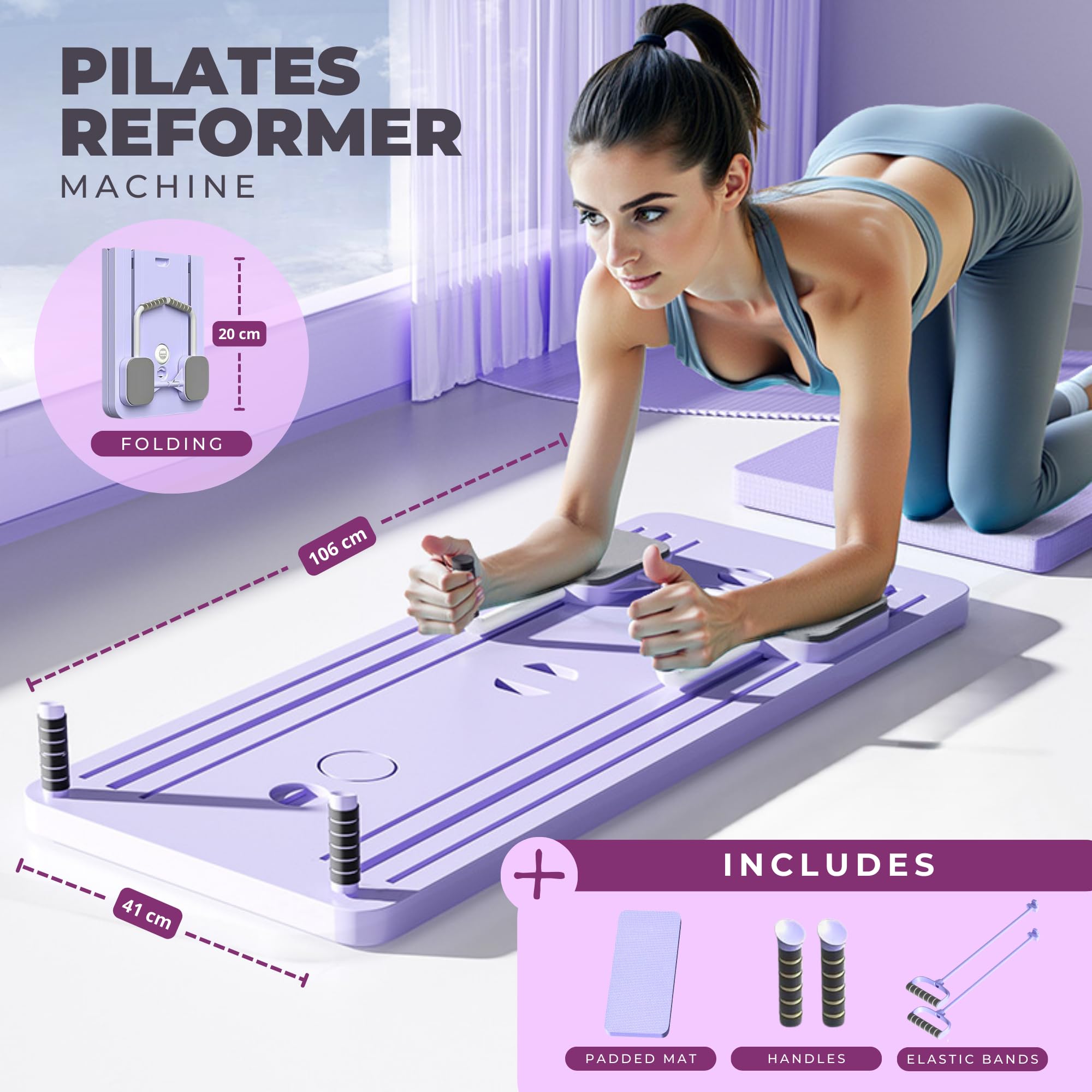 Pilates Reformer Pieghevole.Tavolo Reformer Multifunzionale Addominali con Base Scorrevole, Fasce di Resistenza e Timer, Kit per Aallenamento a Casa con Impugnature Antiscivolo.