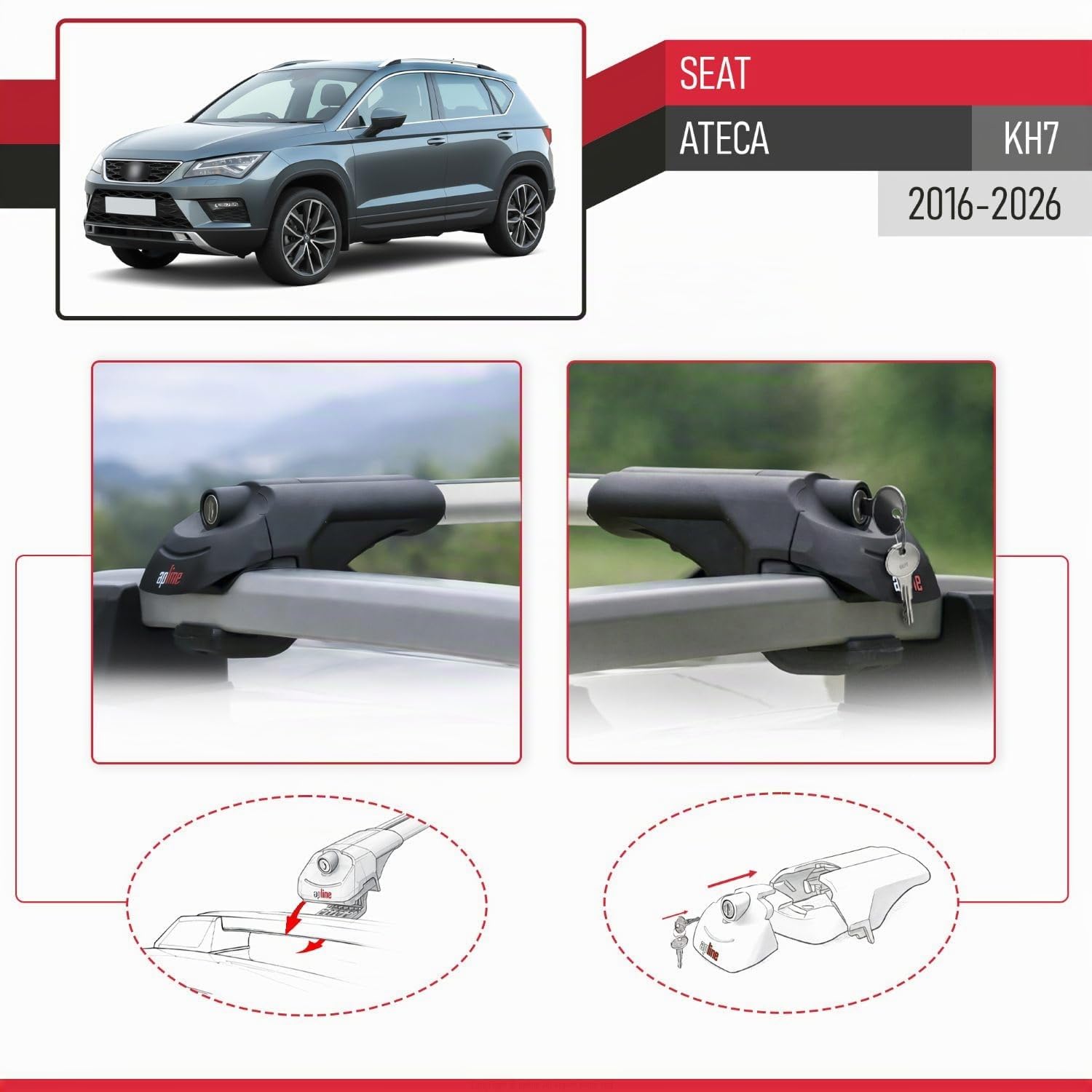 Compatible con Seat Ateca (KH7) 2016-2026 Modelo Ace-1 Barra de Techo Auto Portaequipajes Barras Transversales Gris Aluminio 2 Barras